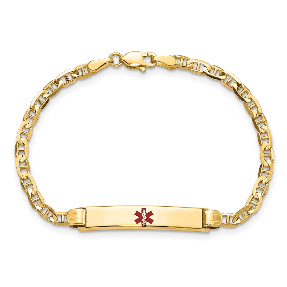 14K Yellow Gold Medical Solid Chain/Solid Plate 26X5mm Centered Red Enamel Anchor Link 6 Inch Baby/Child Id Bracelet