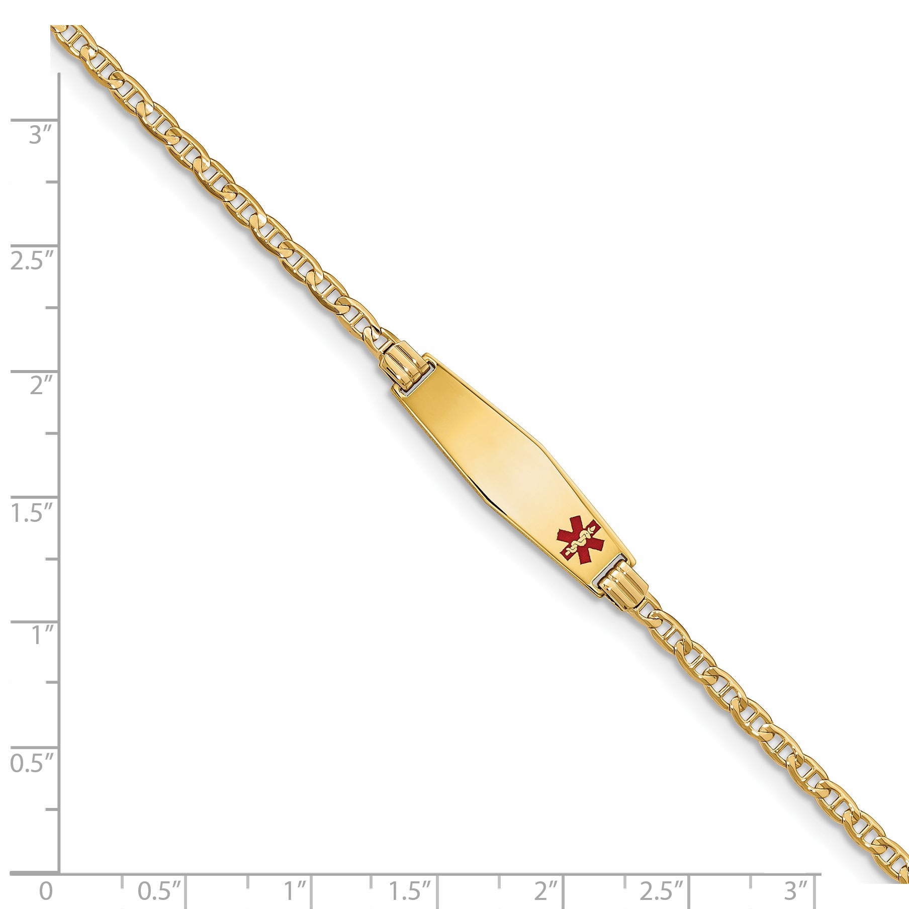 14K Yellow Gold Medical Solid Chain/Solid Plate 26X7mm Soft Diamond Shape Off Center Red Enamel Anchor Link 7 Inch Id Bracelet