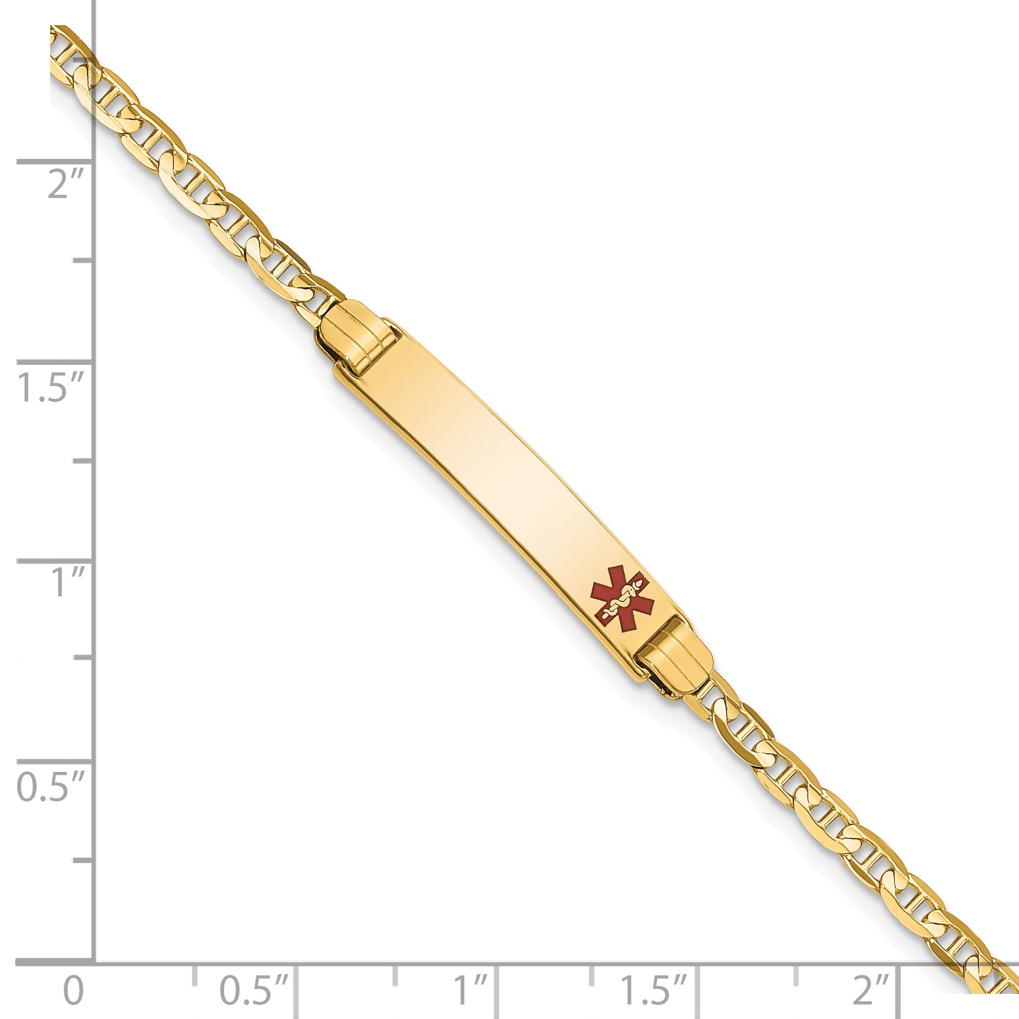 14K Yellow Gold Medical Solid Chain/Solid Plate 26X5mm Off Center Red Enamel Anchor Link 6 Inch Baby/Child Id Bracelet