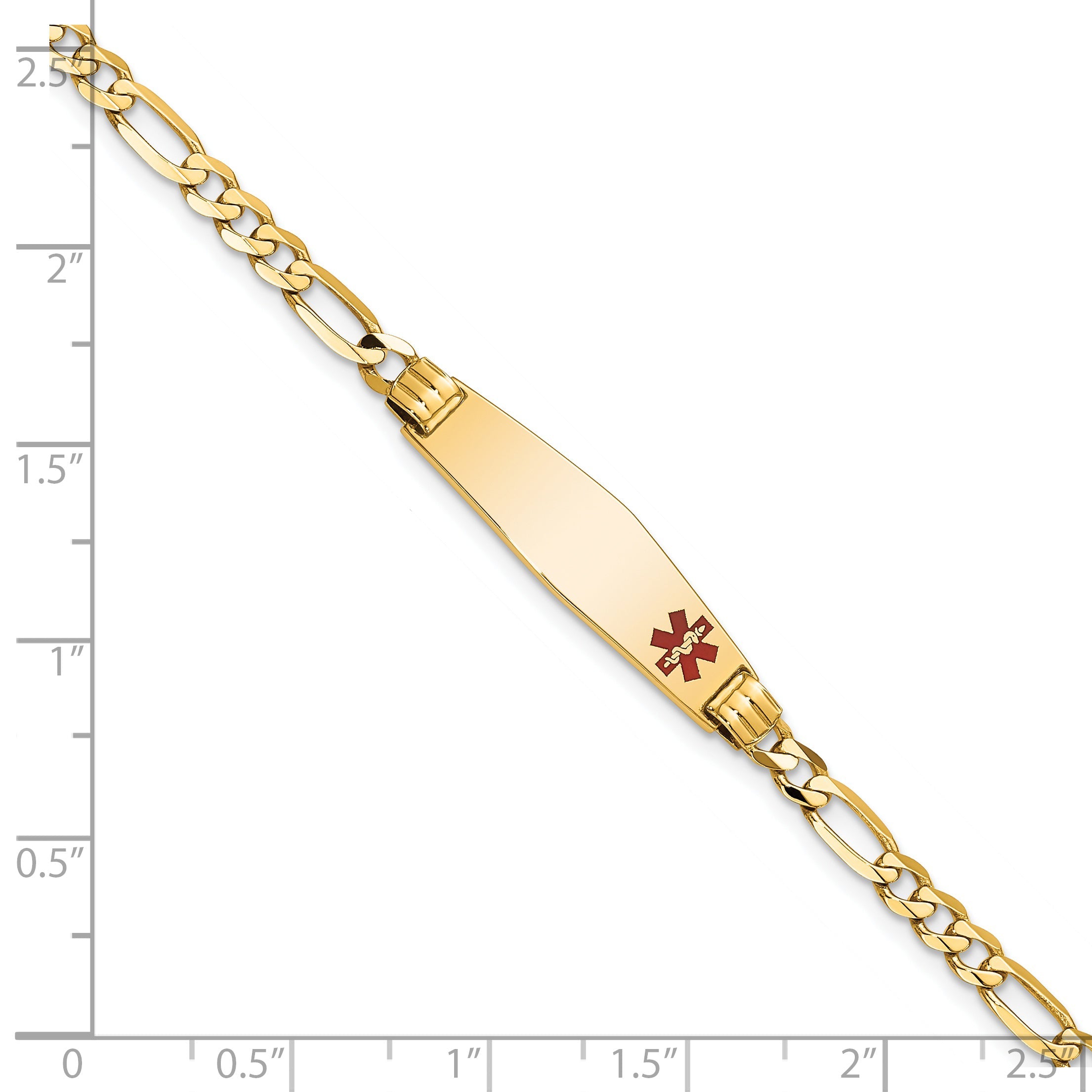 14K Yellow Gold Medical Solid Chain/Solid Plate 26X7mm Soft Diamond Shape Off Center Red Enamel Figaro Link 7 Inch Id Bracelet