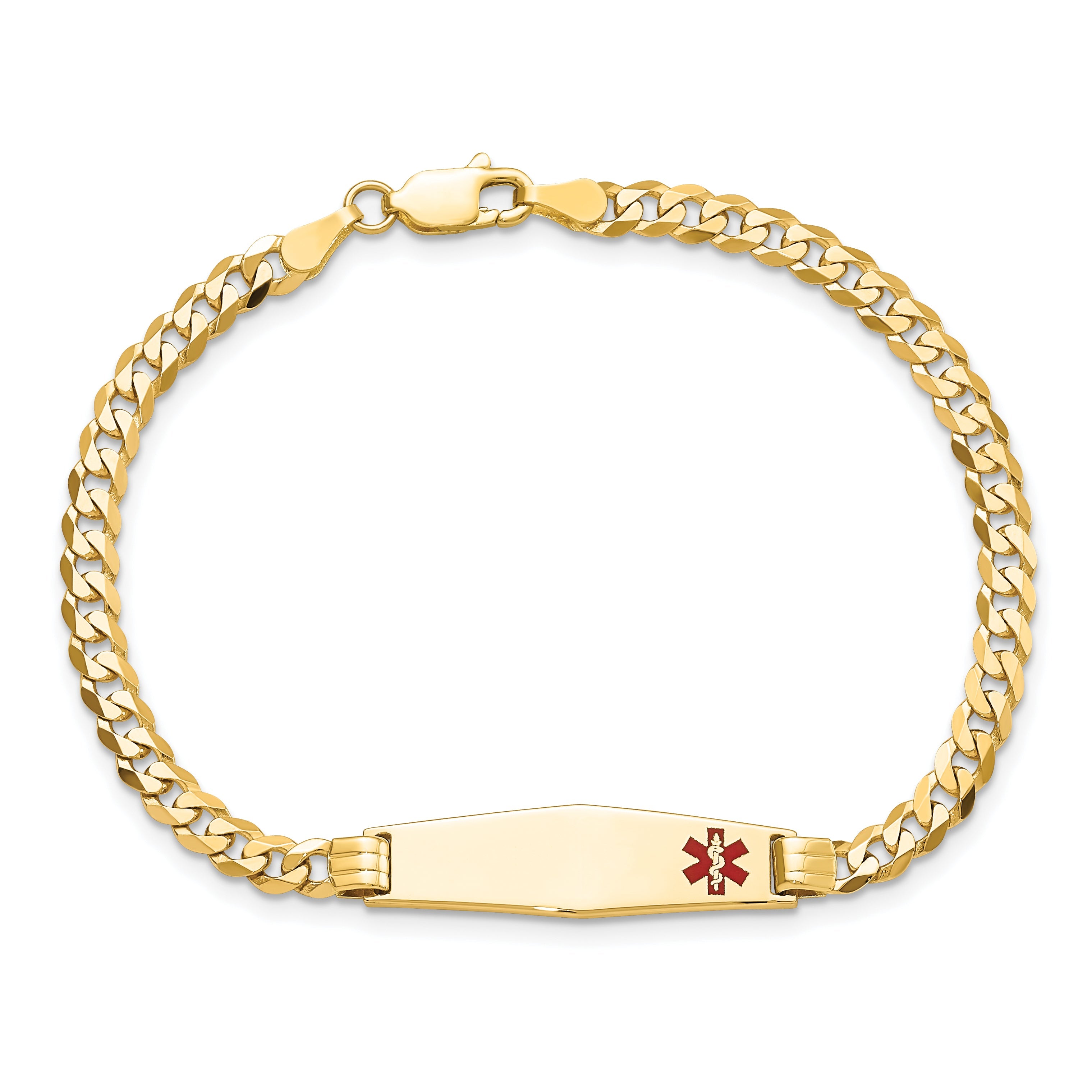 14K Yellow Gold Medical Solid Chain/Solid Plate 26X7mm Soft Diamond Shape Off Center Red Enamel Curb Link 7 Inch Id Bracelet