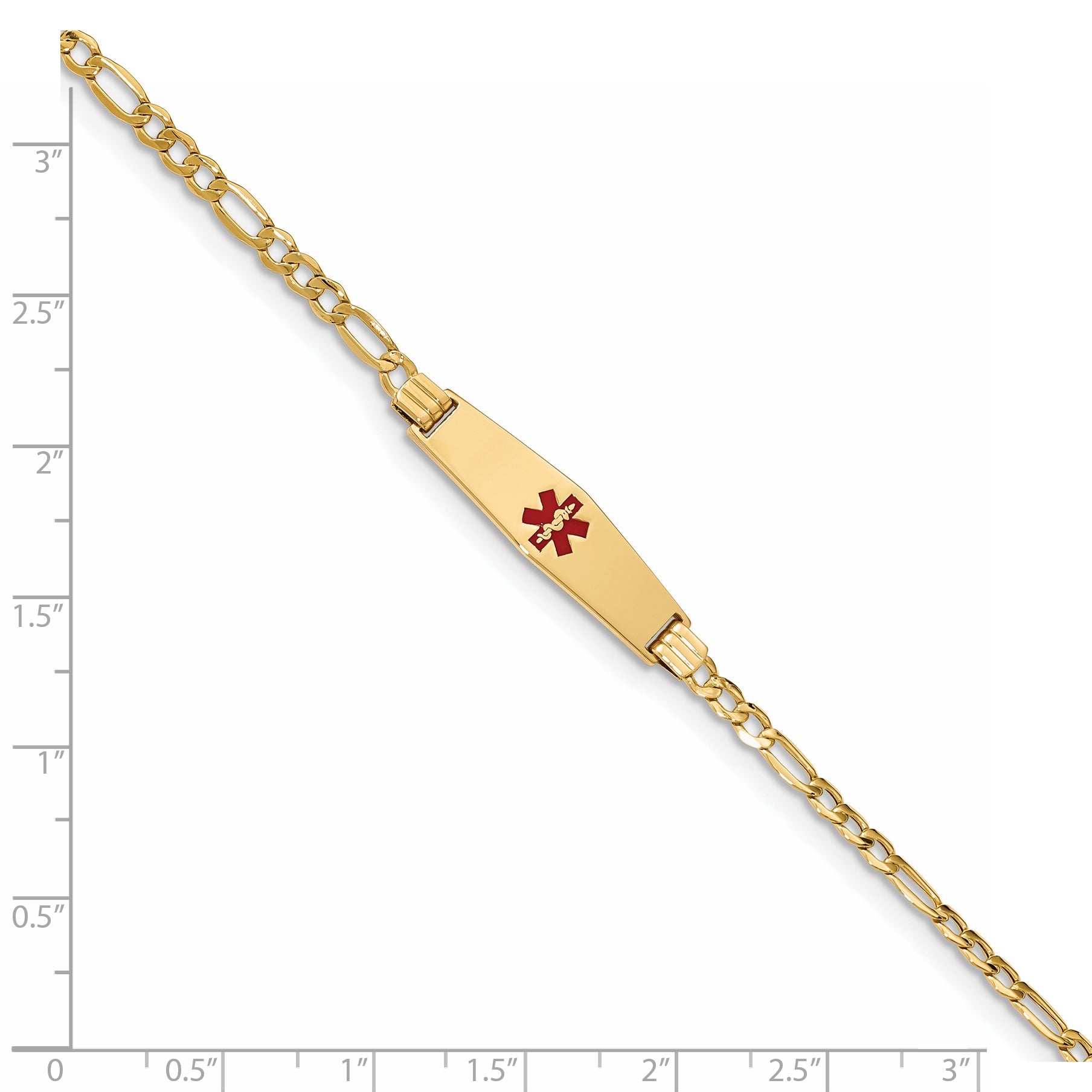 14K Yellow Gold Medical Semi Solid Chain/Solid Plate 26X7mm Soft Diamond Shape Centered Red Enamel Figaro Link 7 Inch Id Bracelet