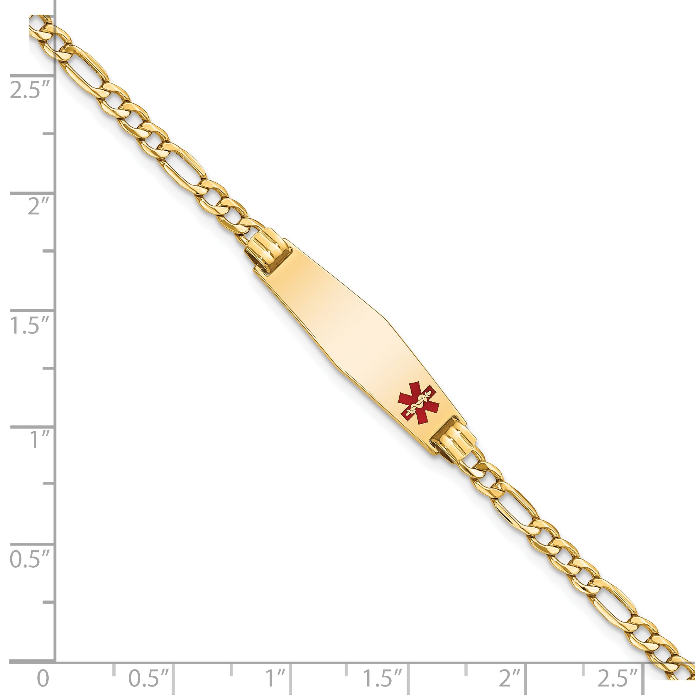 14K Yellow Gold Medical Semi Solid Chain/Solid Plate 26X7mm Soft Diamond Shape Off Center Red Enamel Figaro Link 8 Inch Id Bracelet
