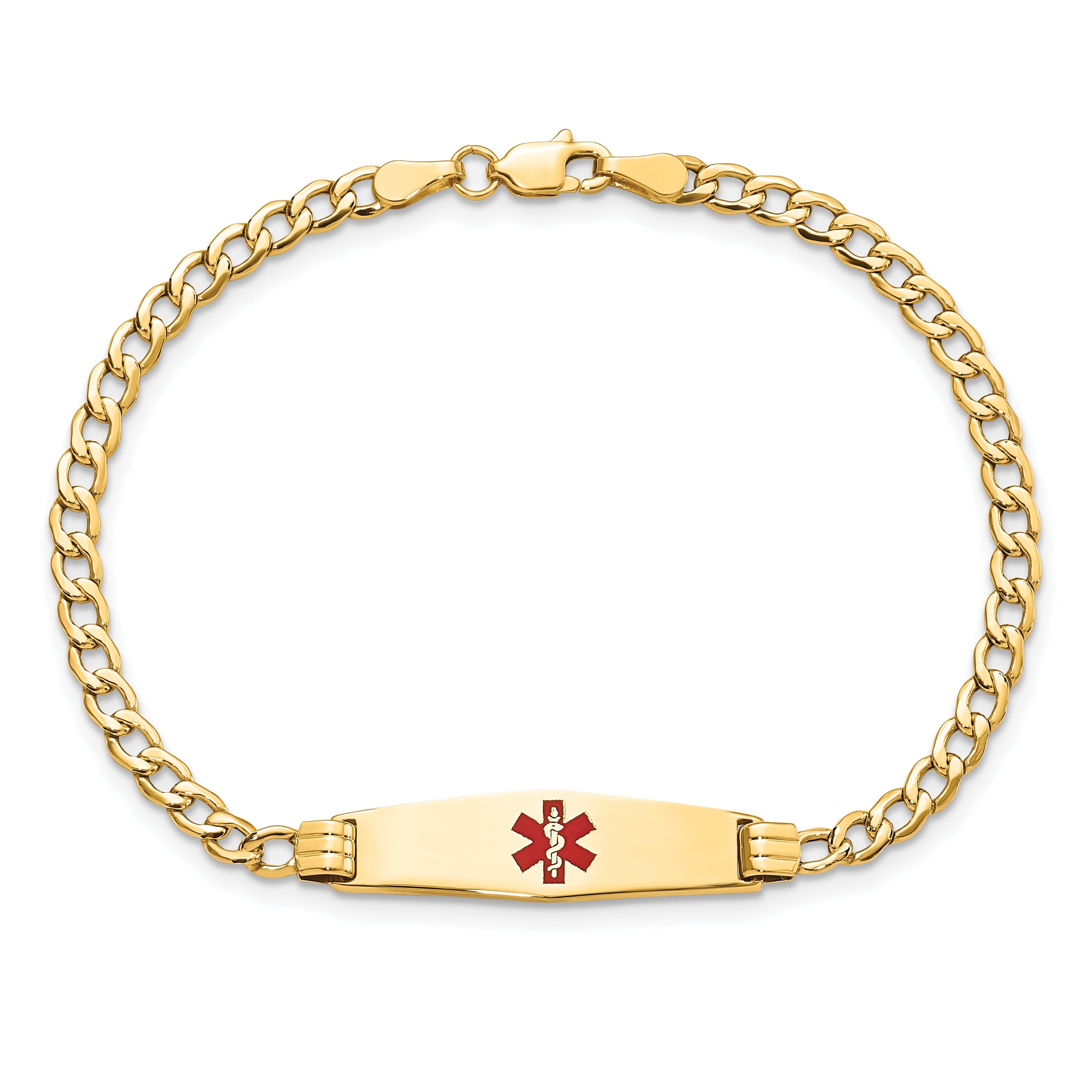 14K Yellow Gold Medical Semi Solid Chain/Solid Plate 26X7mm Soft Diamond Shape Centered Red Enamel Cuban Link 7 Inch Id Bracelet