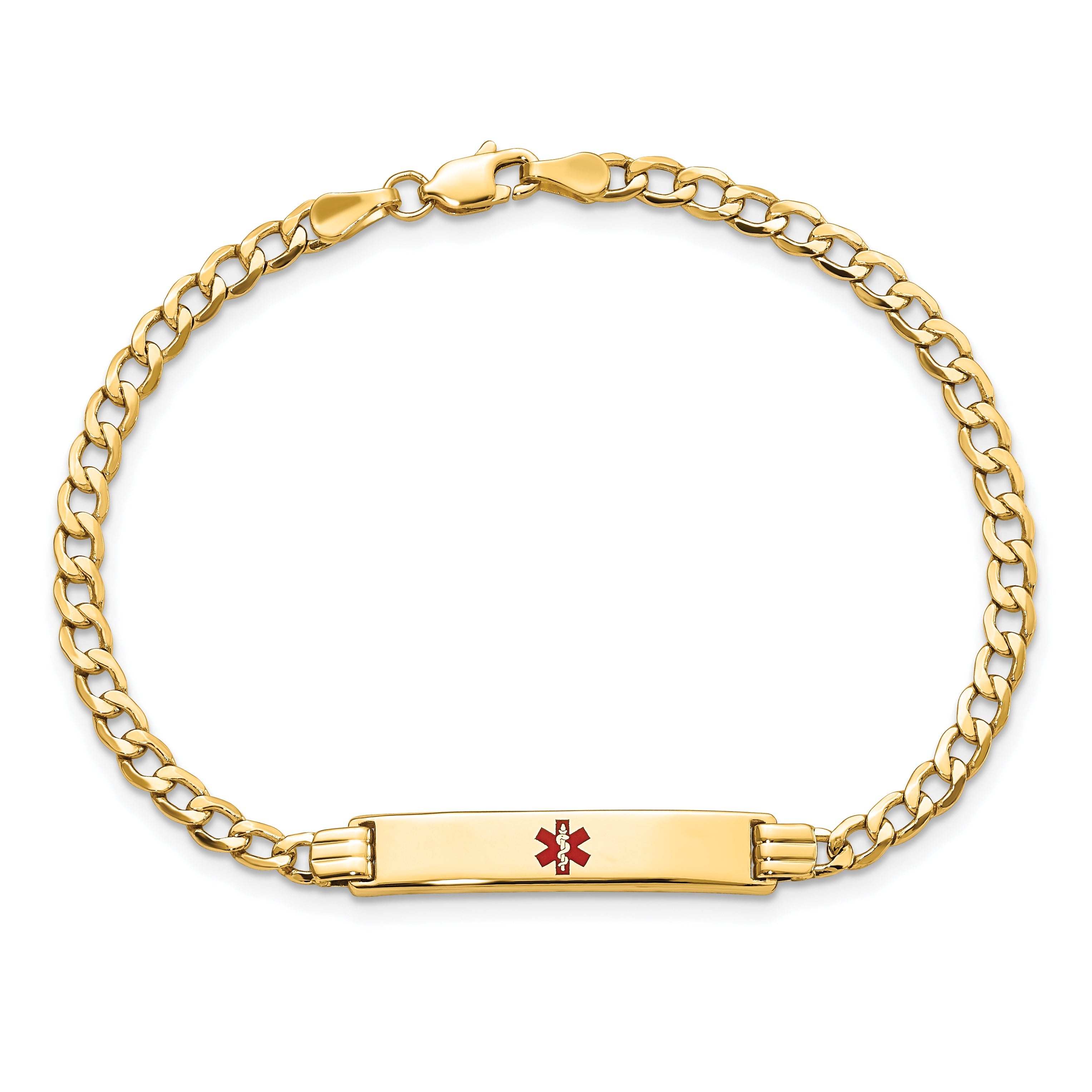14K Yellow Gold Medical Semi Solid Chain/Solid Plate 26X5mm Centered Red Enamel Cuban Link 7 Inch Id Bracelet