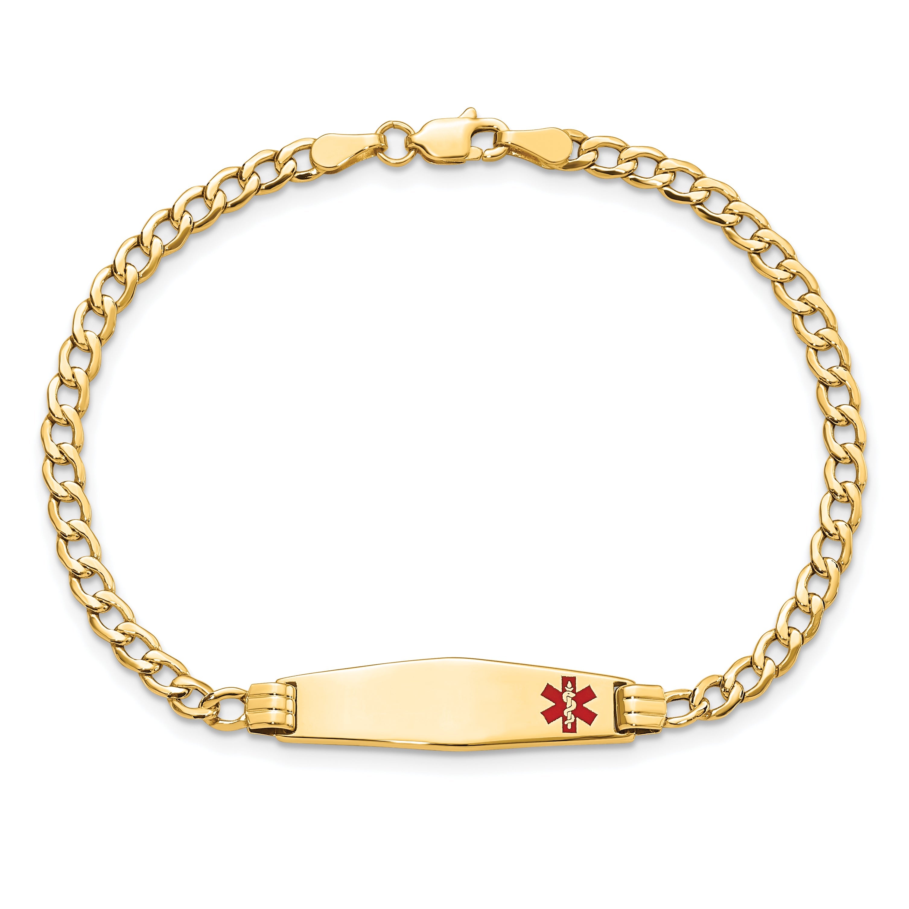14K Yellow Gold Medical Semi Solid Chain/Solid Plate 26X7mm Soft Diamond Shape Off Center Red Enamel Cuban Link 7 Inch Id Bracelet