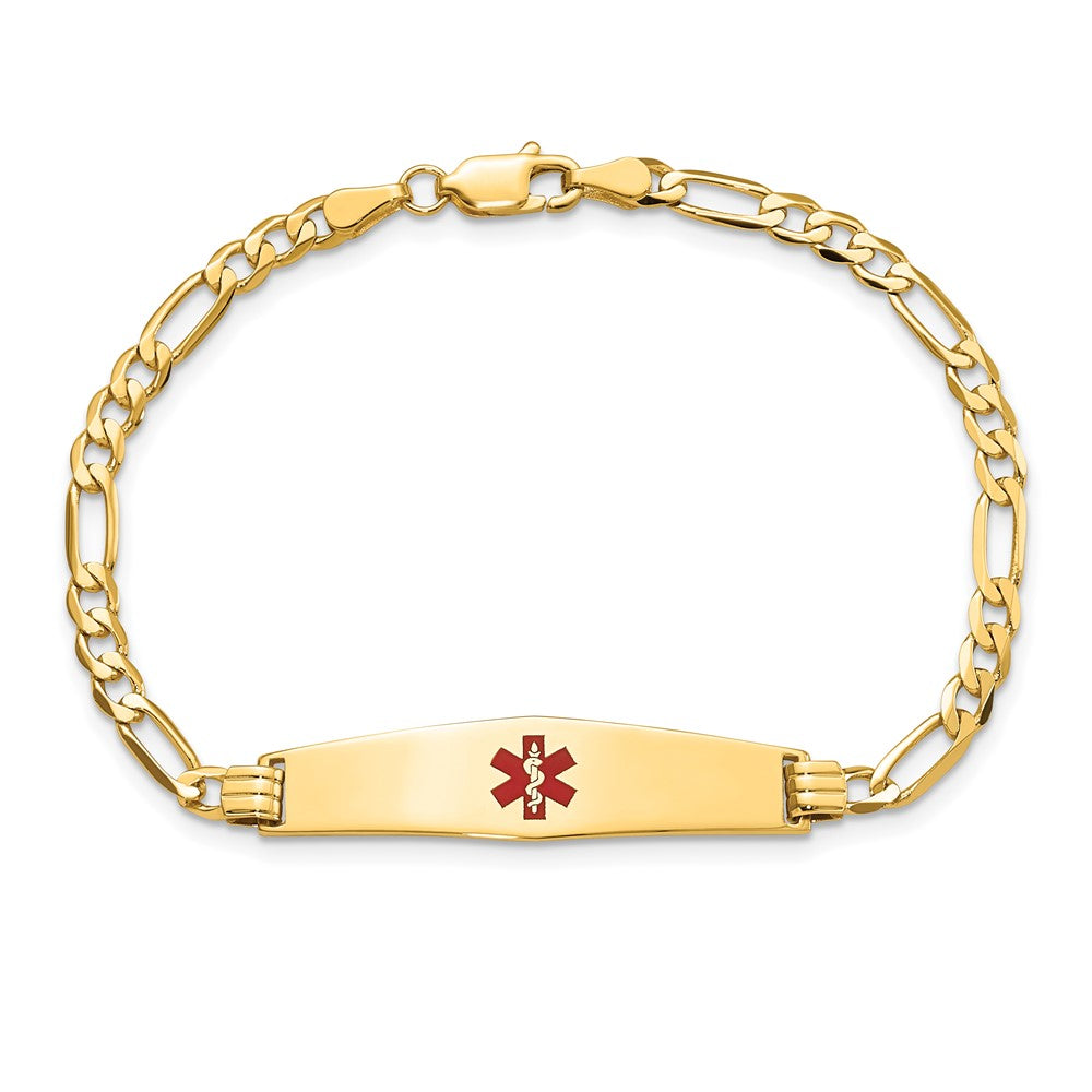14K Yellow Gold Medical Solid Chain/Solid Plate Soft Diamond Shape 33X8mm Centered Red Enamel Flat Figaro Link 7 Inch Id Bracelet