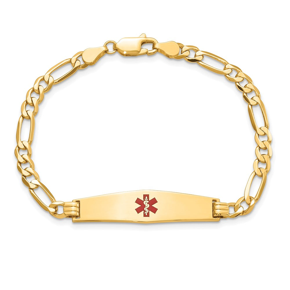 14K Yellow Gold Medical Solid Chain/Solid Plate Soft Diamond Shape 33X8mm Centered Red Enamel Flat Figaro Link 7 Inch Id Bracelet