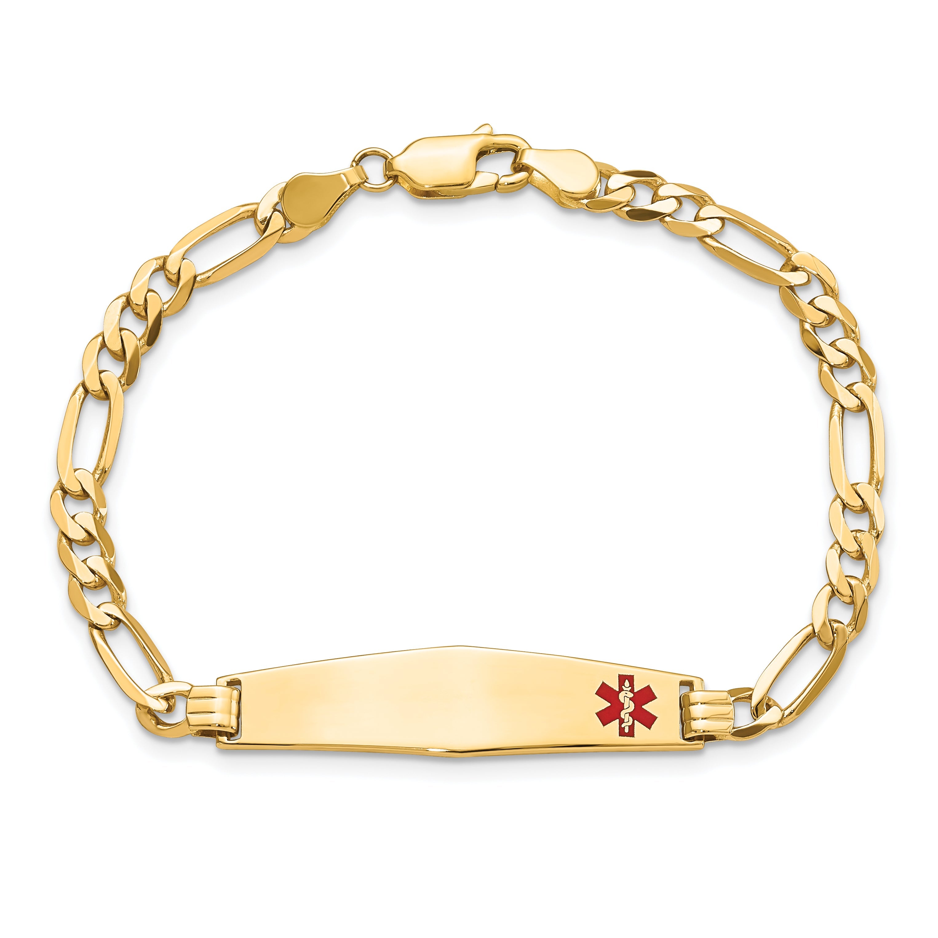 14K Yellow Gold Medical Solid Chain/Solid Plate Soft Diamond Shape 33X8mm Off Center Red Enamel Flat Figaro Link 7 Inch Id Bracelet