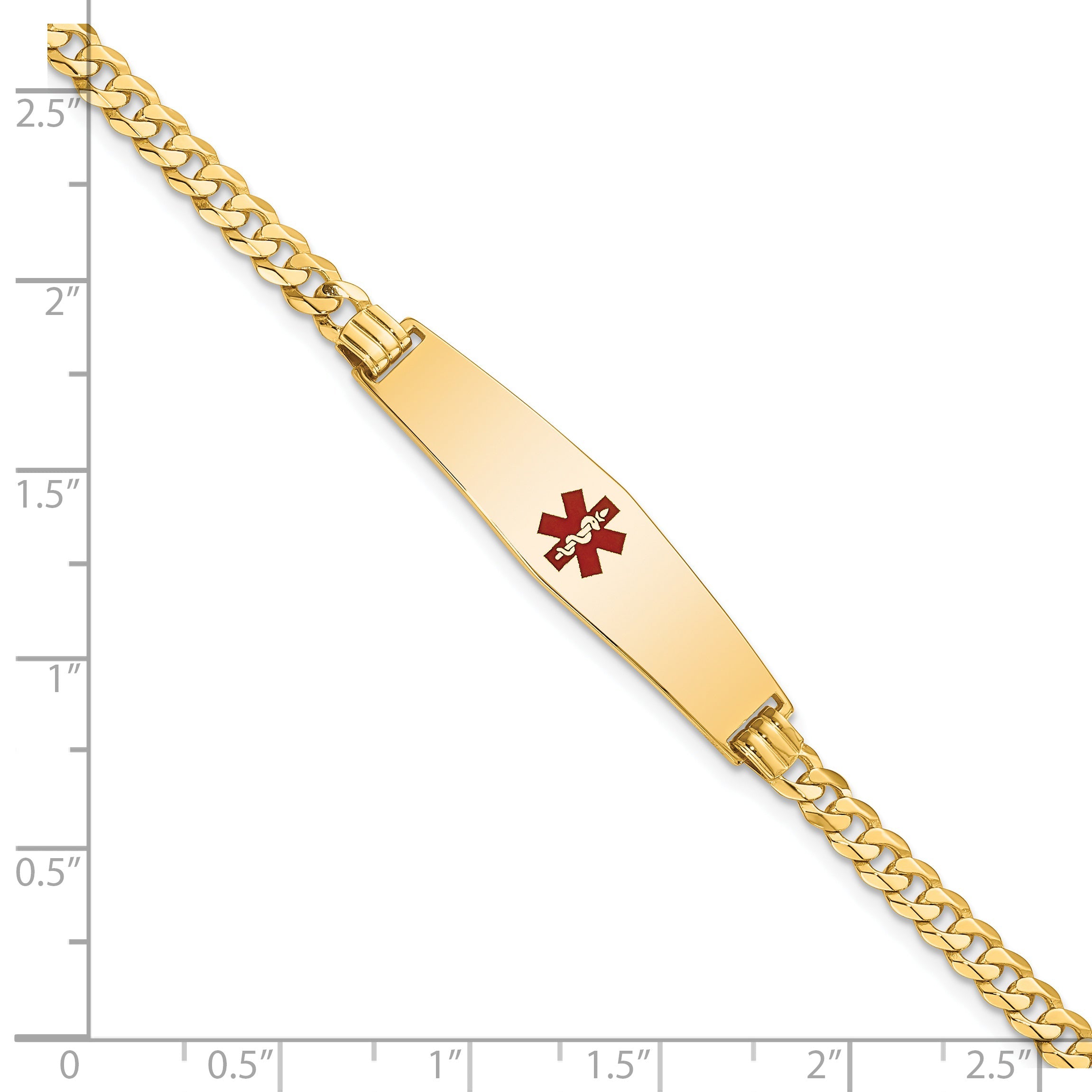 14K Yellow Gold Medical Solid Chain/Solid Plate Soft Diamond Shape 33X8mm Centered Red Enamel Flat Curb Link 8 Inch Id Bracelet