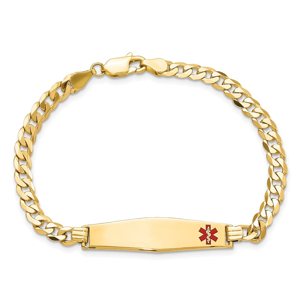 14K Yellow Gold Medical Solid Chain/Solid Plate Soft Diamond Shape 33X8mm Off Center Red Enamel Flat Curb Link 7 Inch Id Bracelet