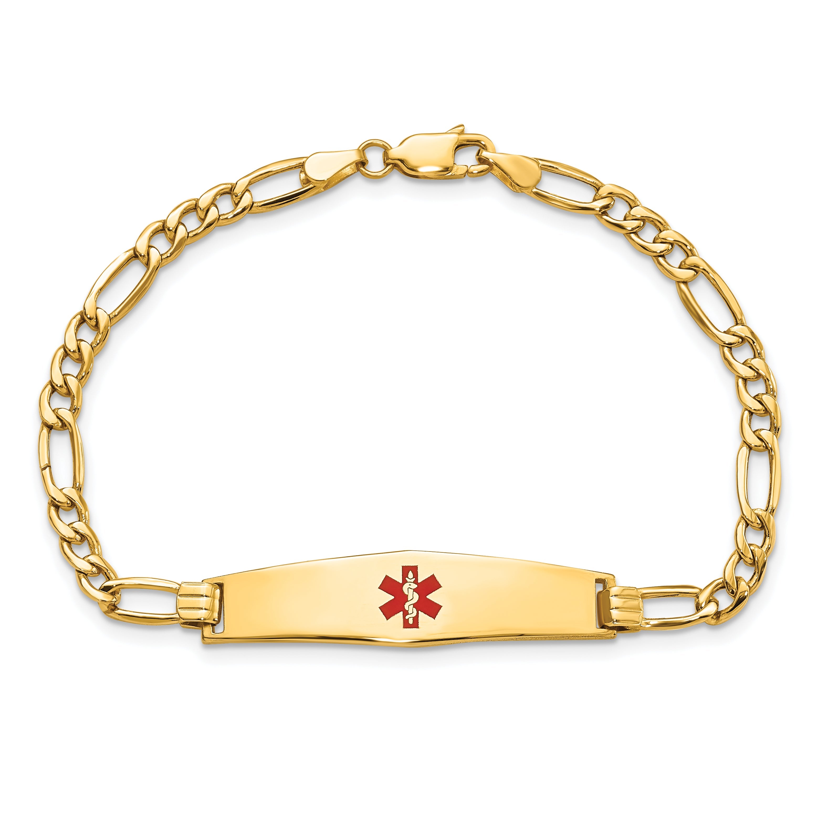 14K Yellow Gold Medical Semi Solid Chain/Solid Plate Soft Diamond Shape 33X8mm Centered Red Enamel Figaro Link 8 Inch Id Bracelet