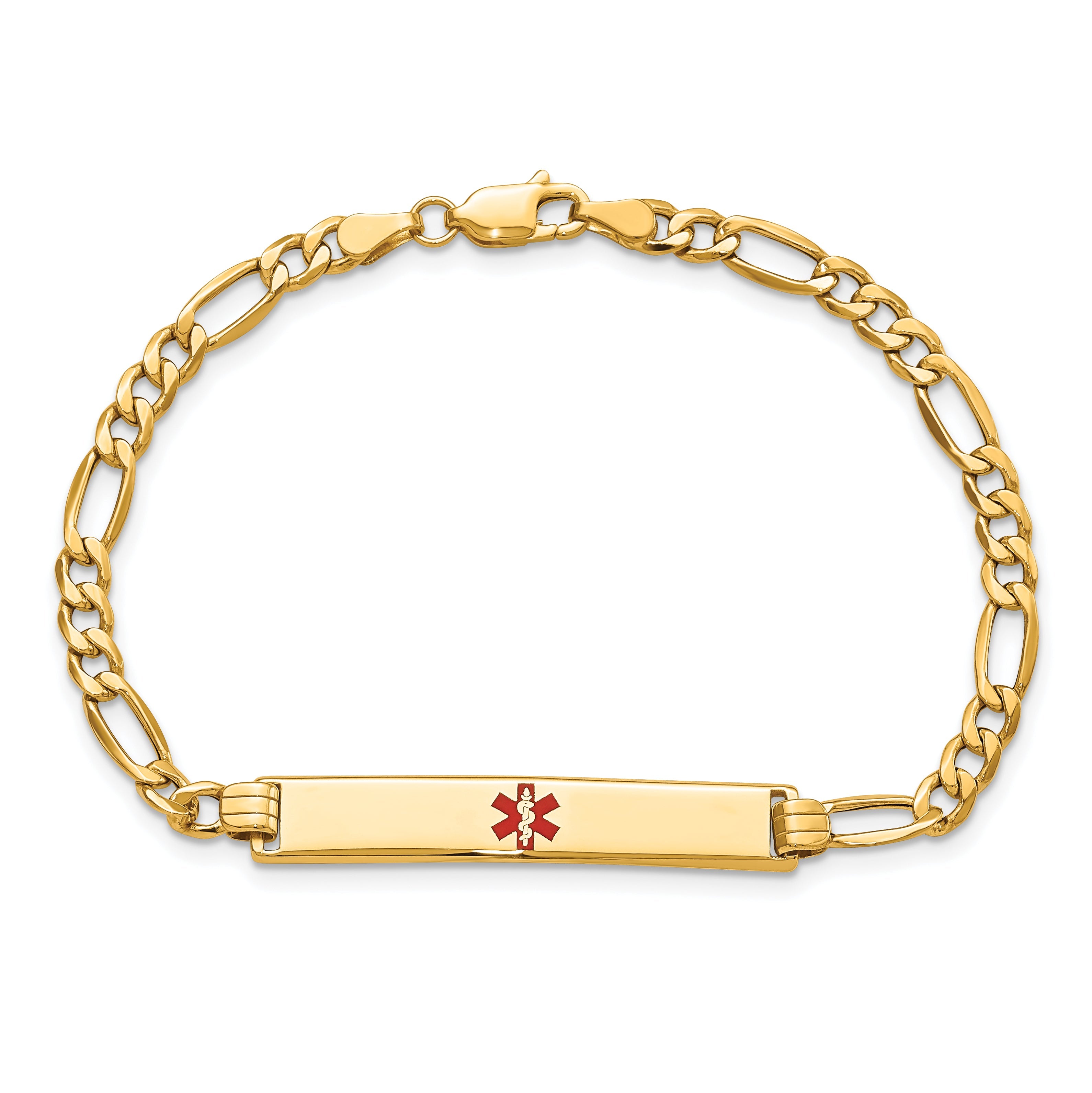 14K Yellow Gold Medical Semi Solid Chain/Solid Plate 34X6mm Centered Red Enamel Figaro Link 8 Inch Id Bracelet
