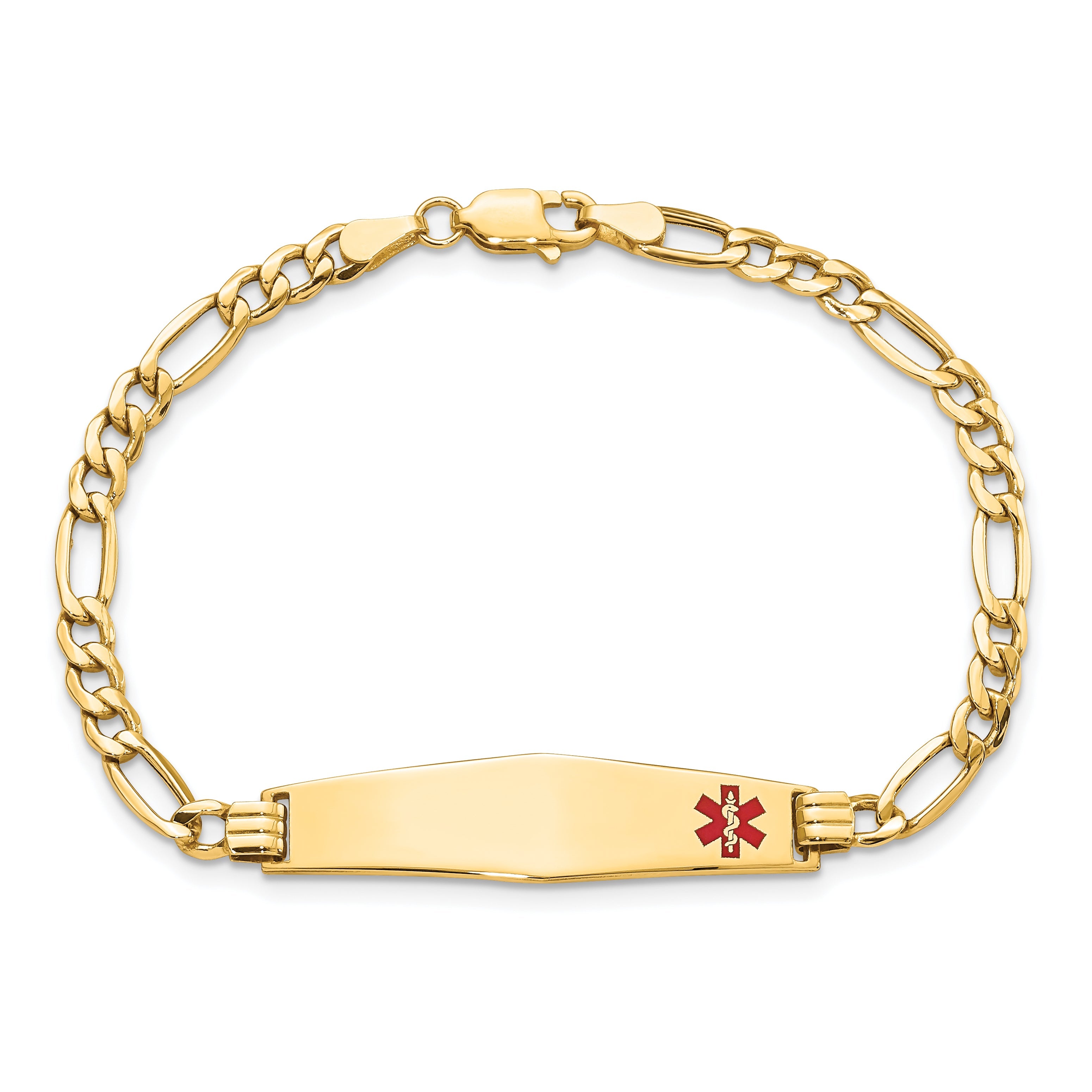 14K Yellow Gold Medical Semi Solid Chain/Solid Plate Soft Diamond Shape 34X8mm Off Center Red Enamel Figaro Link 8 Inch Id Bracelet