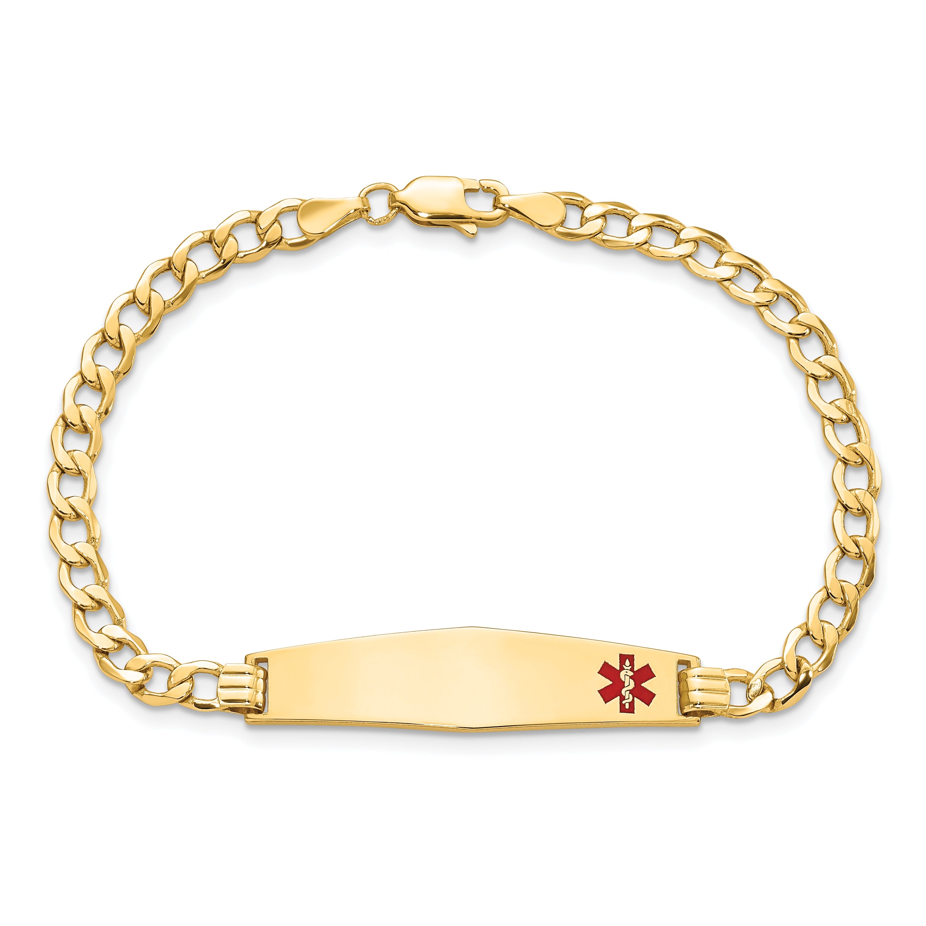 14K Yellow Gold Medical Semi Solid Chain/Solid Plate Soft Diamond Shape 34X8mm Off Center Red Enamel Curb Link 8 Inch Id Bracelet