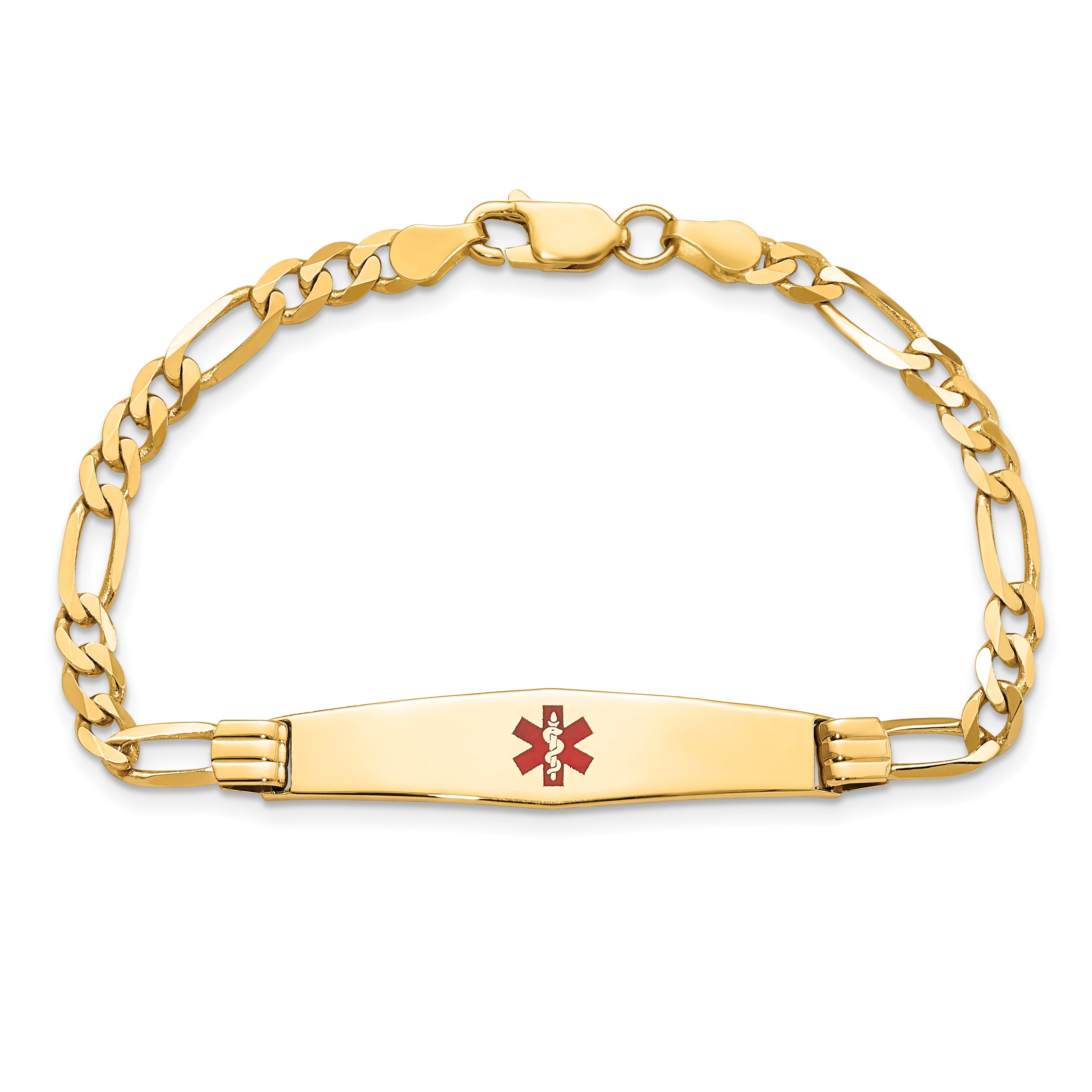 14K Yellow Gold Medical Solid Chain/Solid Plate Soft Diamond Shape 36X9mm Centered Red Enamel Figaro Link 8 Inch Id Bracelet