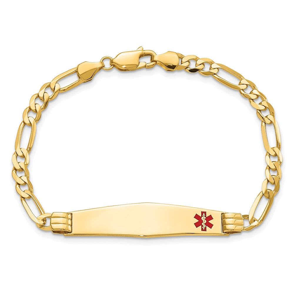 14K Yellow Gold Medical Solid Chain/Solid Plate Soft Diamond Shape 36X9mm Off Center Red Enamel Figaro Link 7 Inch Id Bracelet