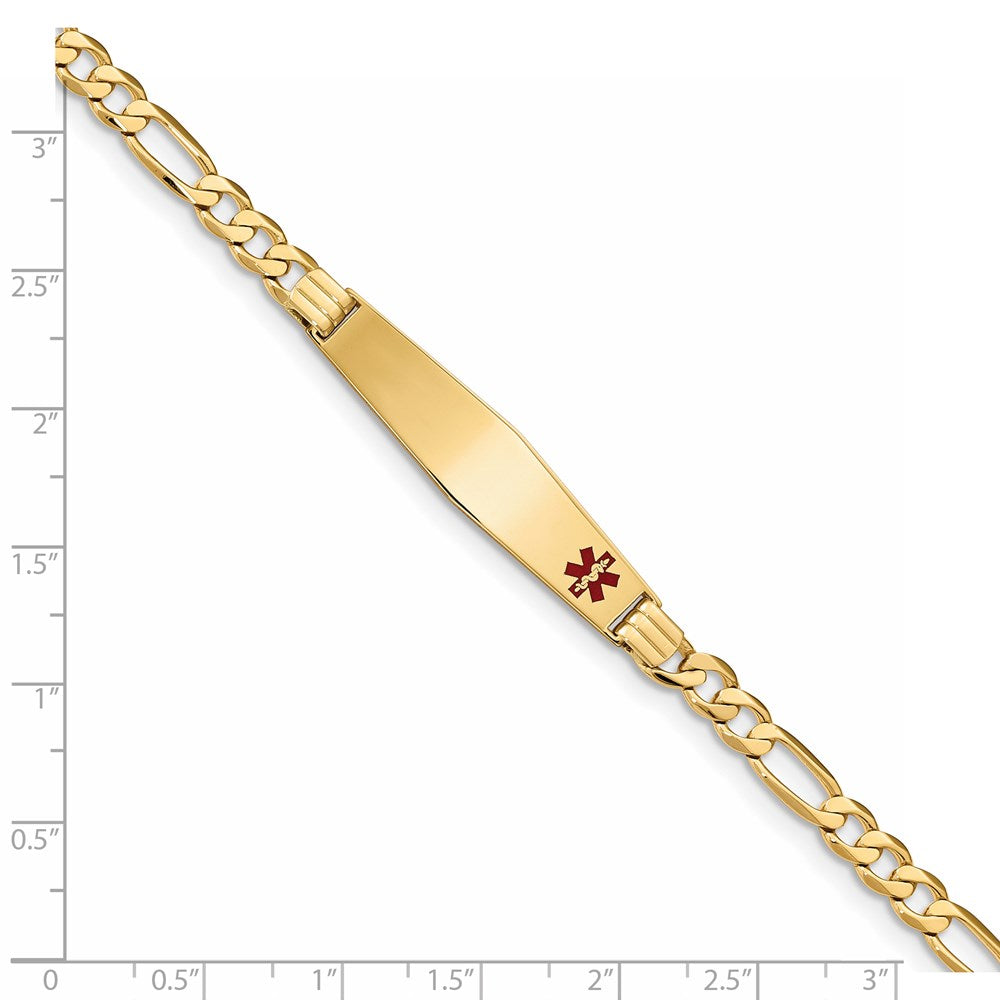 14K Yellow Gold Medical Solid Chain/Solid Plate Soft Diamond Shape 36X9mm Off Center Red Enamel Flat Figaro Link 7 Inch Id Bracelet