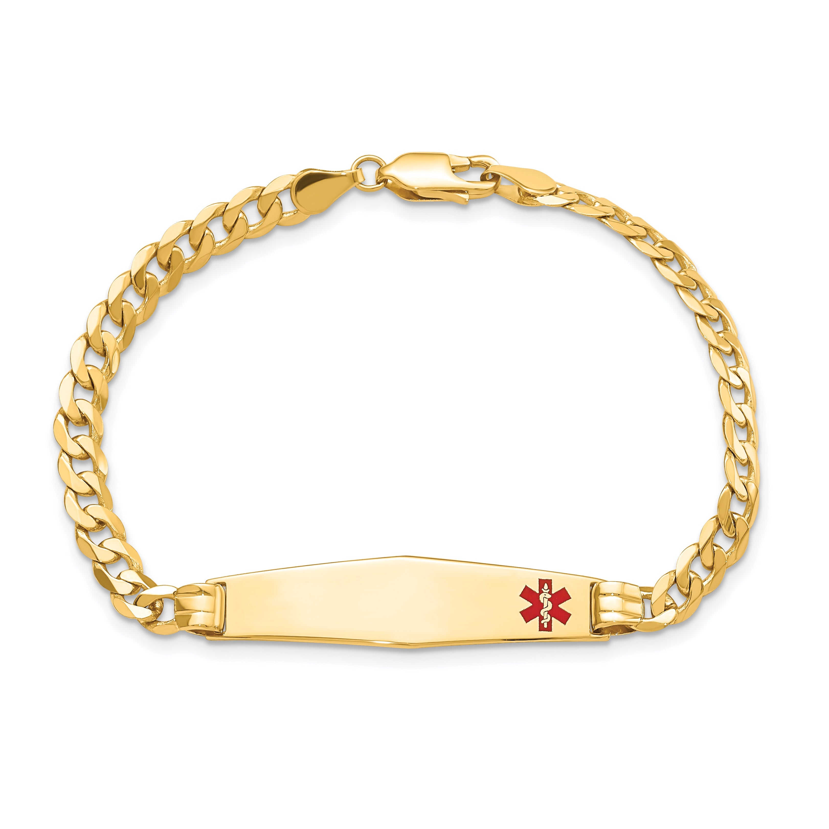 14K Yellow Gold Medical Solid Chain/Solid Plate Soft Diamond Shape 36X9mm Off Center Red Enamel Curb Link 8 Inch Id Bracelet
