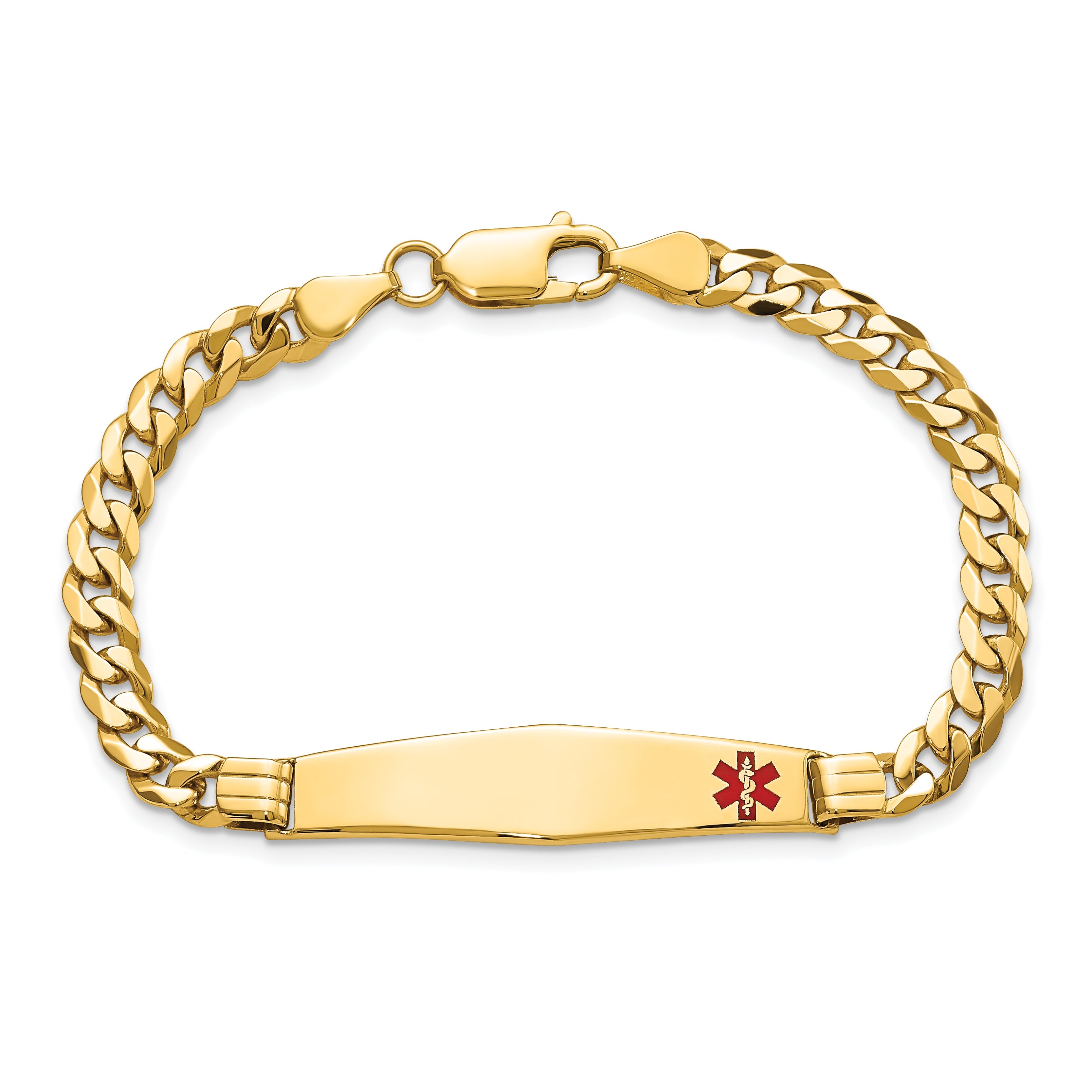 14K Yellow Gold Medical Solid Chain/Solid Plate Soft Diamond Shape 36X9mm Off Center Red Enamel Curb Link 7 Inch Id Bracelet