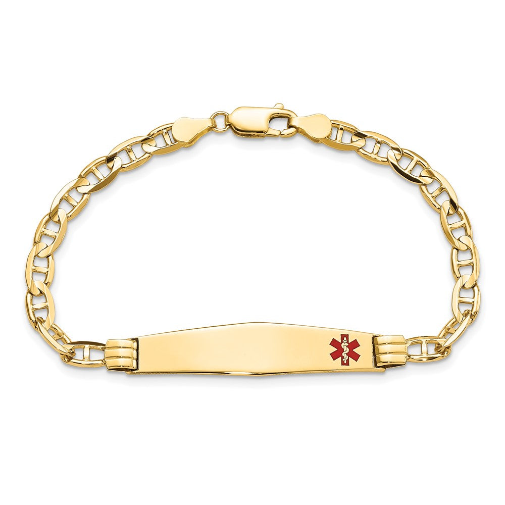 14K Yellow Gold Medical Solid Chain/Solid Plate Soft Diamond Shape 36X9mm Off Center Red Enamel Anchor Link 7 Inch Id Bracelet