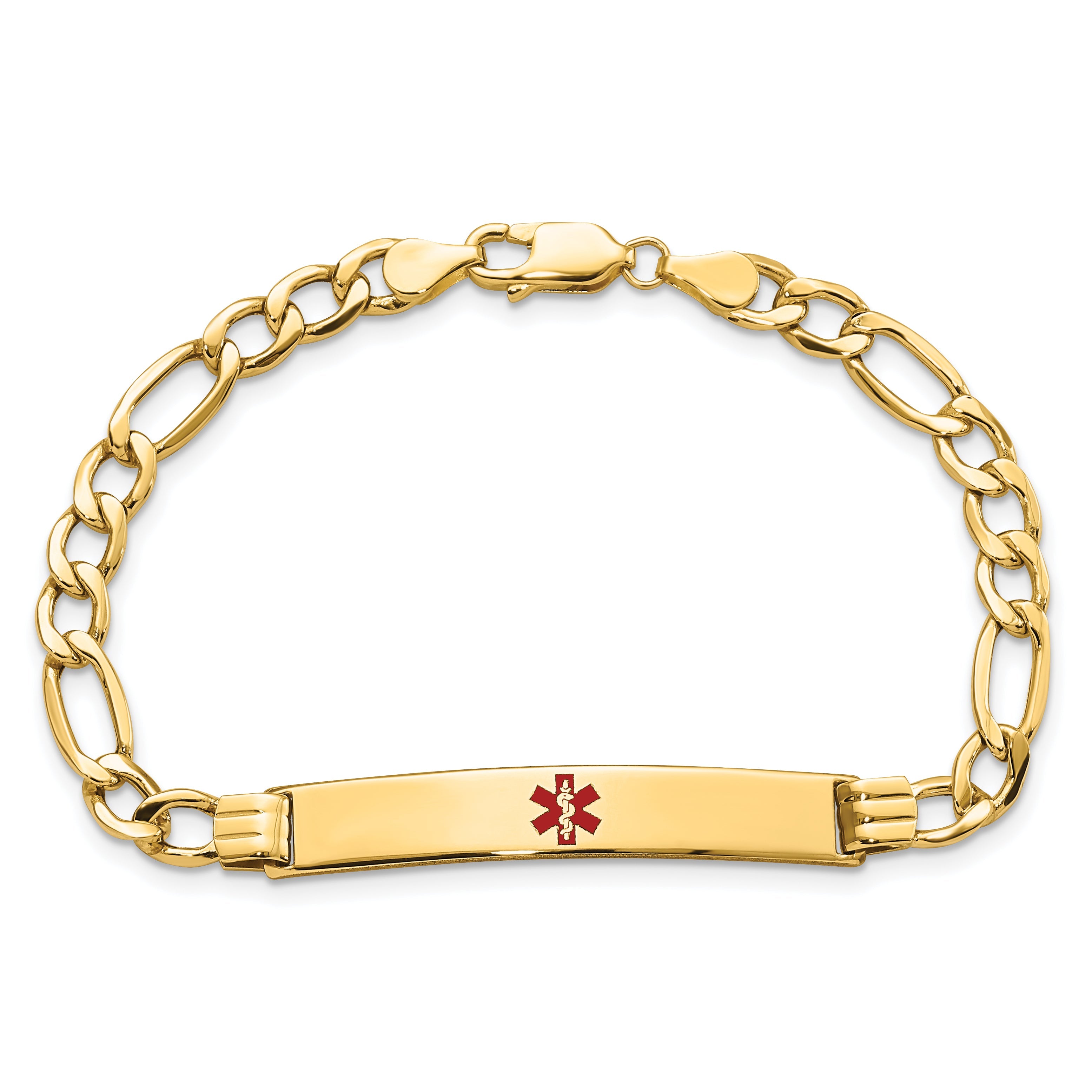 14K Yellow Gold Medical Semi Solid Chain/Solid Plate 37X6mm Centered Red Enamel Figaro Link 7 Inch Id Bracelet