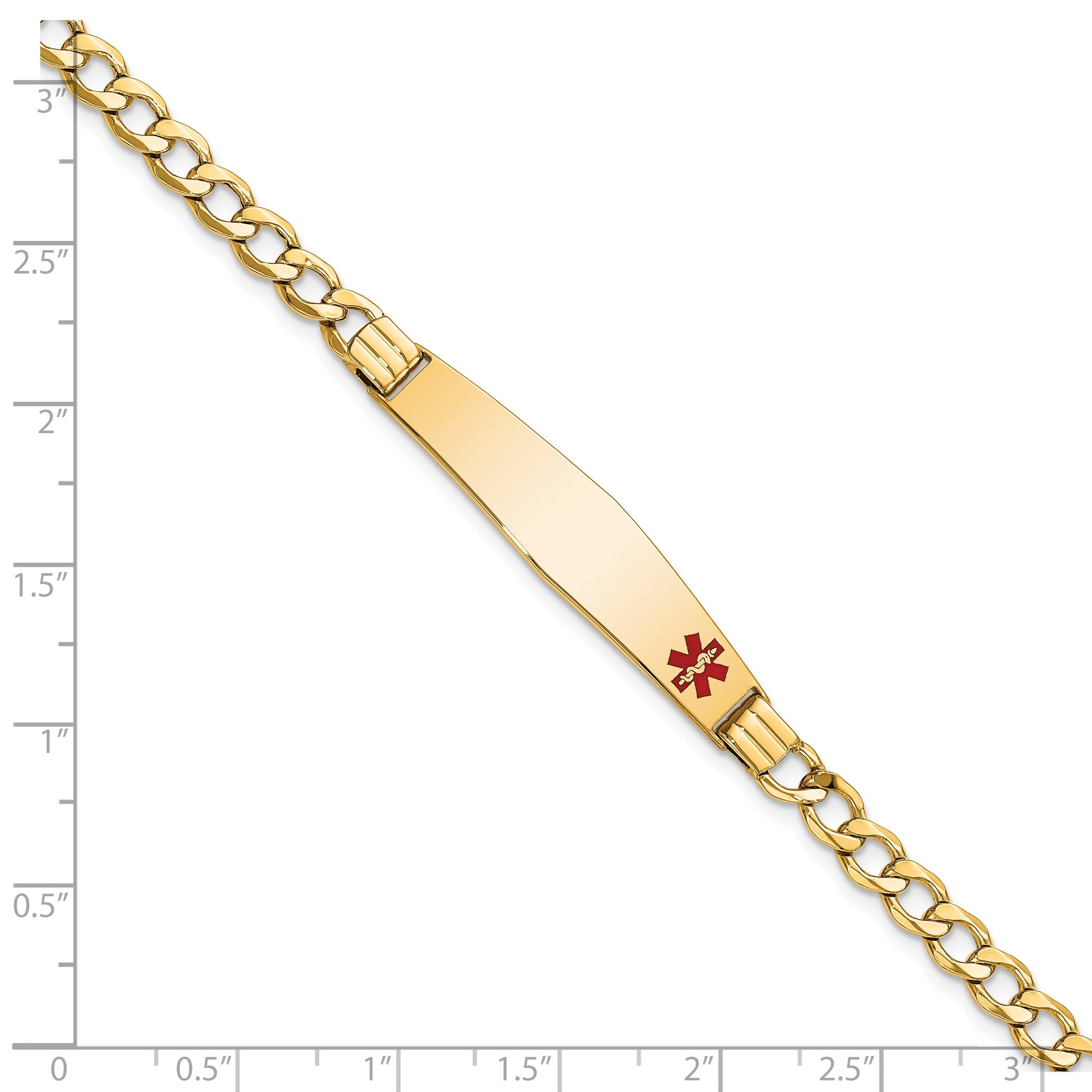 14K Yellow Gold Medical Semi Solid Chain/Solid Plate Soft Diamond Shape 37X9mm Off Center Red Enamel Cuban Link 7 Inch Id Bracelet