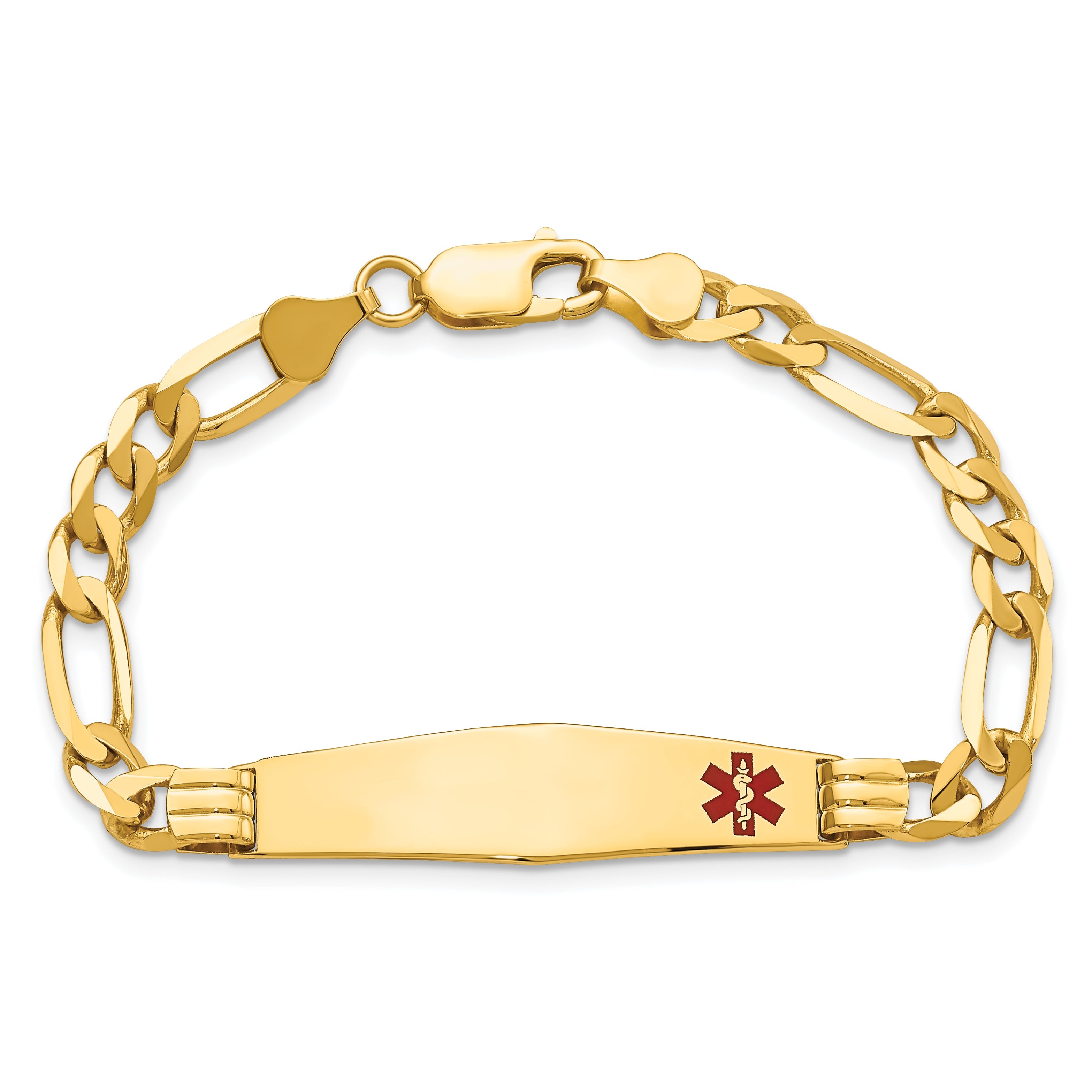14K Yellow Gold Medical Solid Chain/Solid Plate Soft Diamond Shape 38X9mm Off Center Red Enamel Figaro Link 8 Inch Id Bracelet