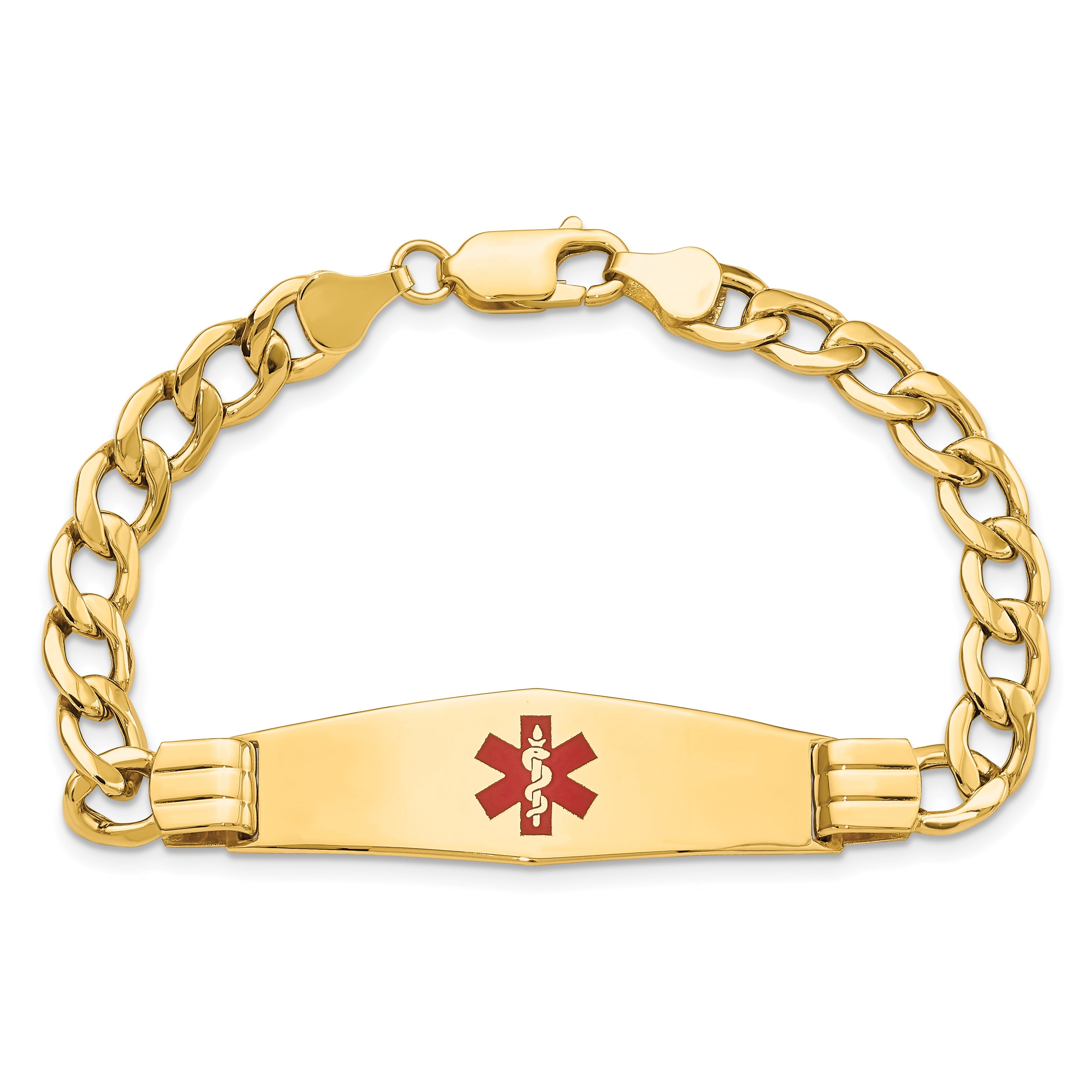 14K Yellow Gold Medical Semi Solid Chain/Solid Plate Soft Diamond Shape 40X12mm Centered Red Enamel Curb Link 7 Inch Id Bracelet