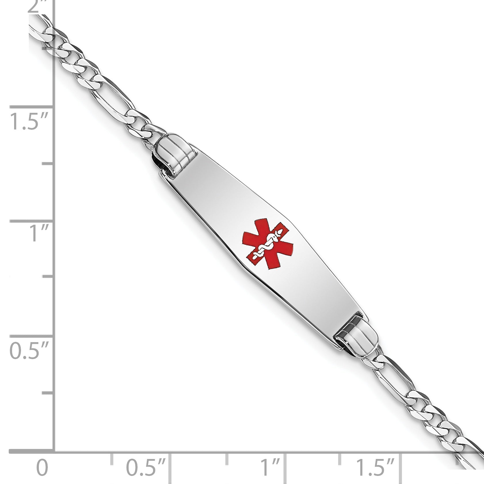 14K White Gold Medical Solid Chain/Solid Plate 24X7mm Soft Diamond Shape Centered Red Enamel Figaro Link 8 Inch Id Bracelet