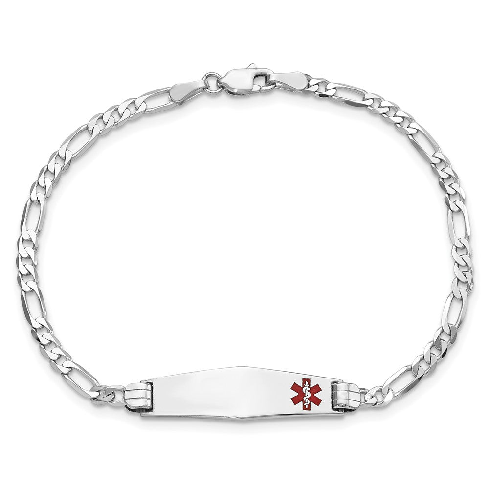 14K White Gold Medical Solid Chain/Solid Plate 26X7mm Soft Diamond Shape Off Center Red Enamel Figaro Link 7 Inch Id Bracelet