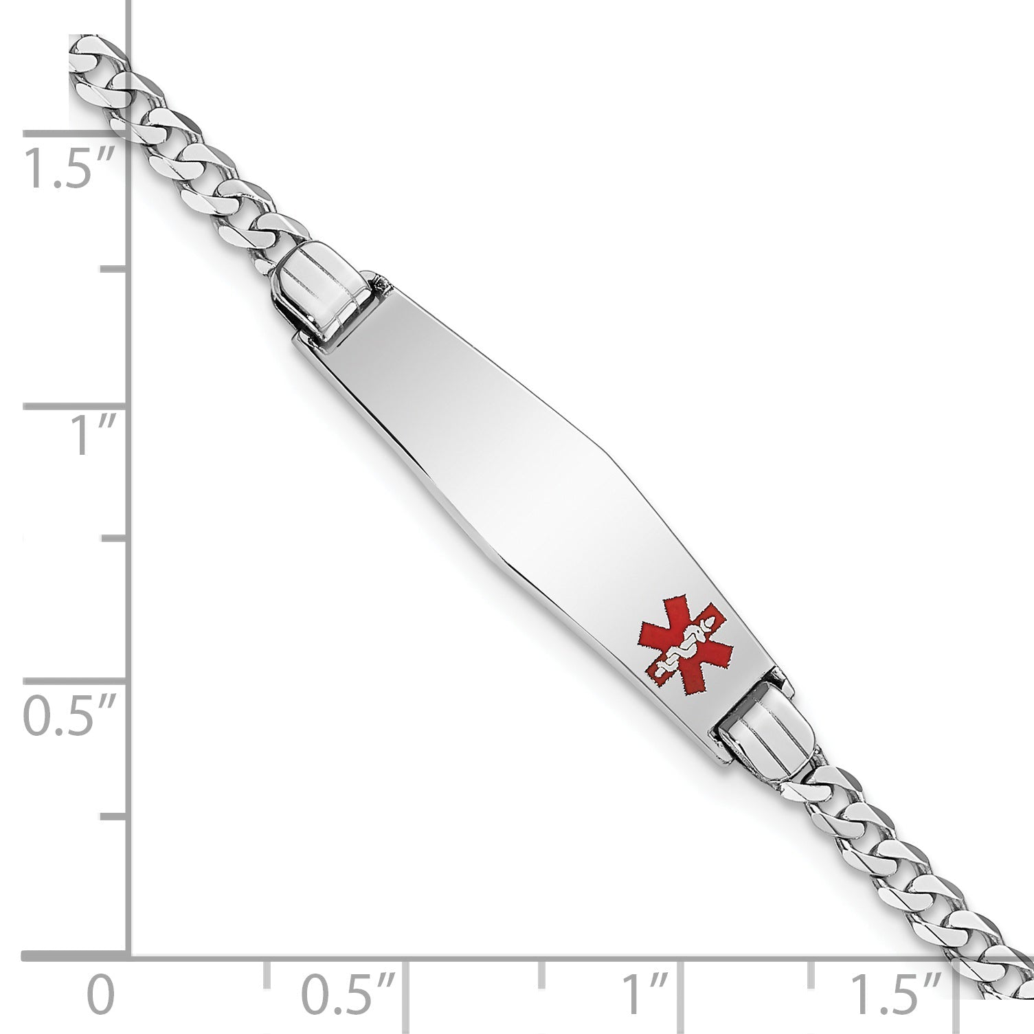 14K White Gold Medical Solid Chain/Solid Plate 26X7mm Soft Diamond Shape Off Center Red Enamel Flat Curb Link 7 Inch Id Bracelet