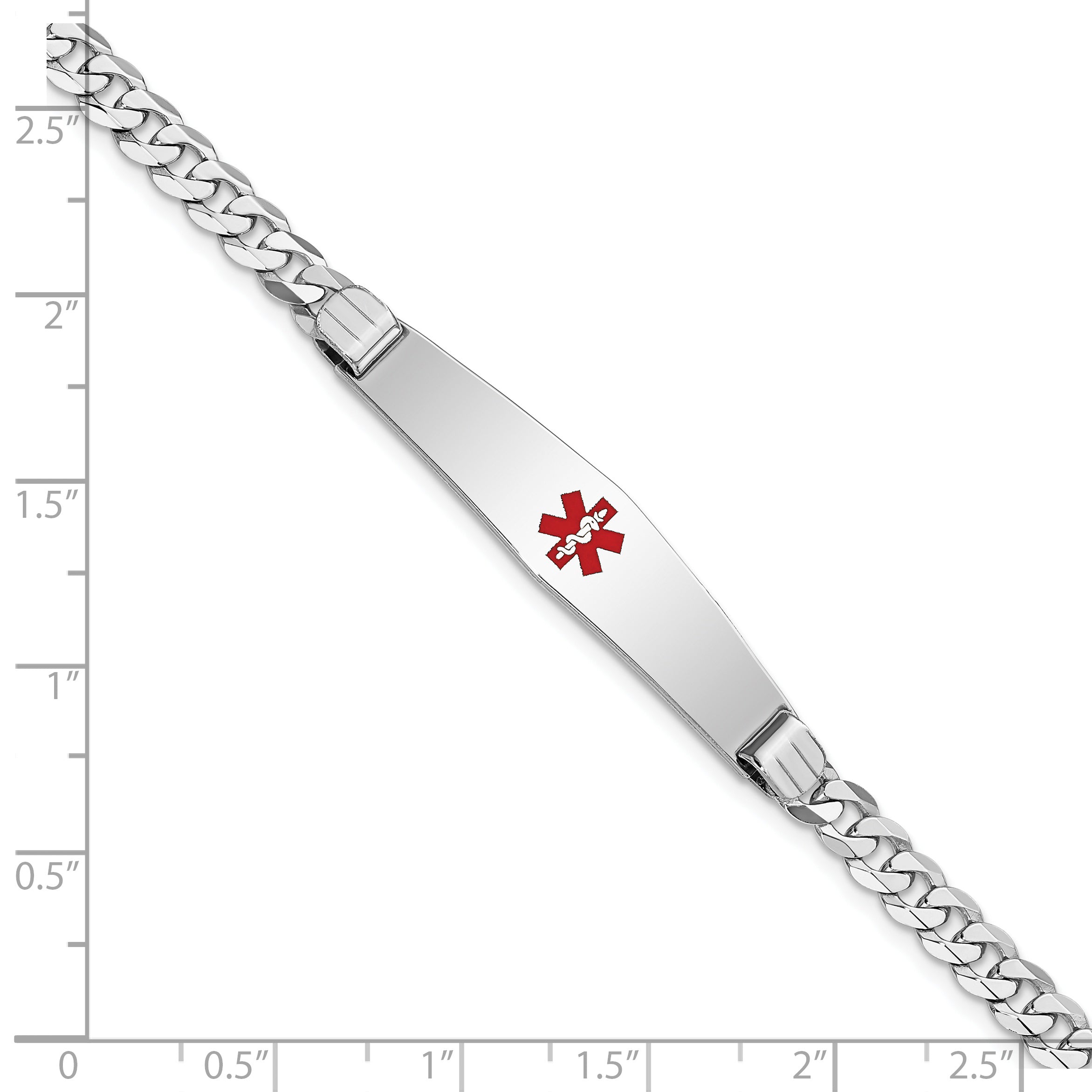 14K White Gold Medical Solid Chain/Solid Plate Soft Diamond Shape 36X9mm Centered Red Enamel Flat Curb Link 8 Inch Id Bracelet