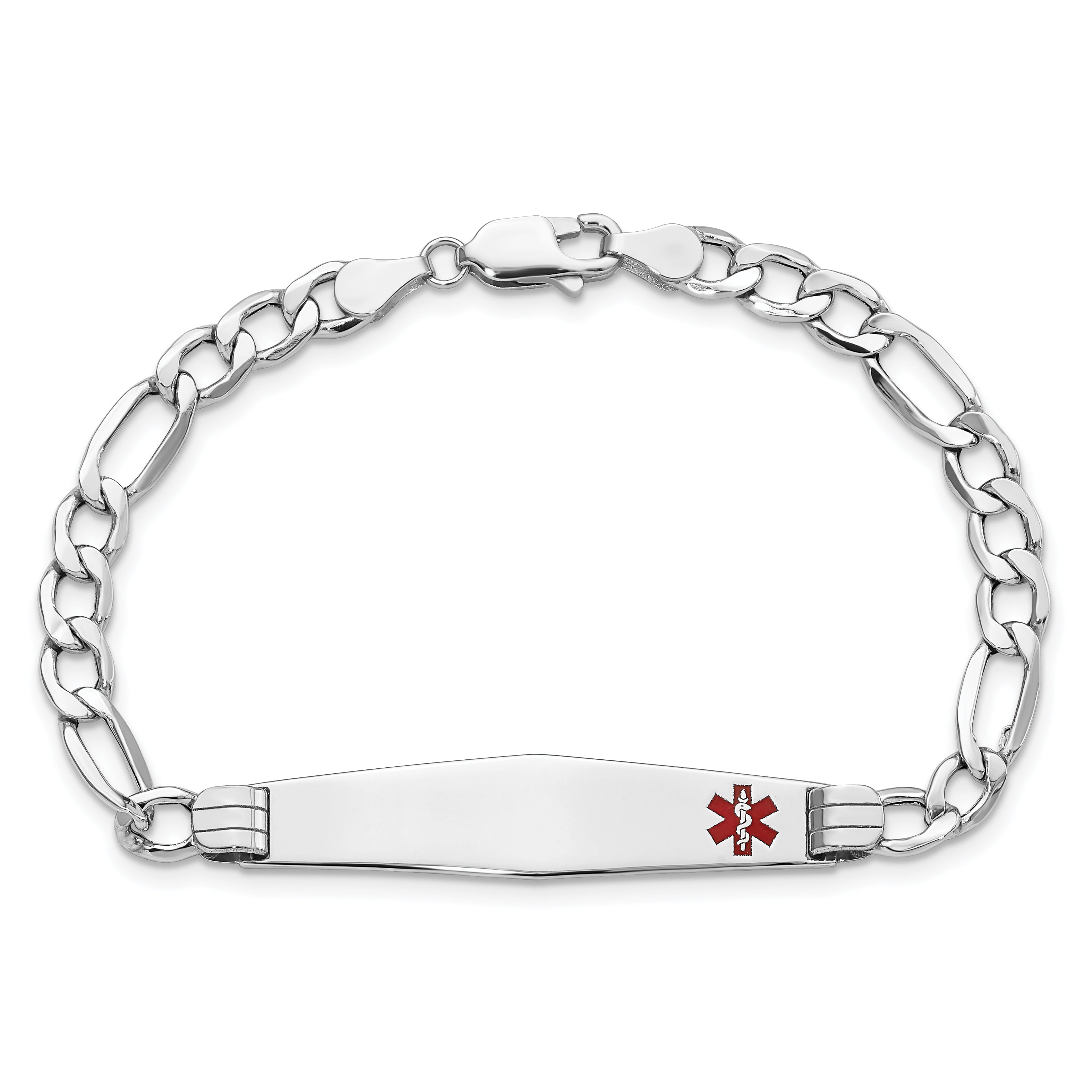 14K White Gold Medical Semi Solid Chain/Solid Plate Soft Diamond Shape 37X9mm Off Center Red Enamel Figaro Link 8 Inch Id Bracelet
