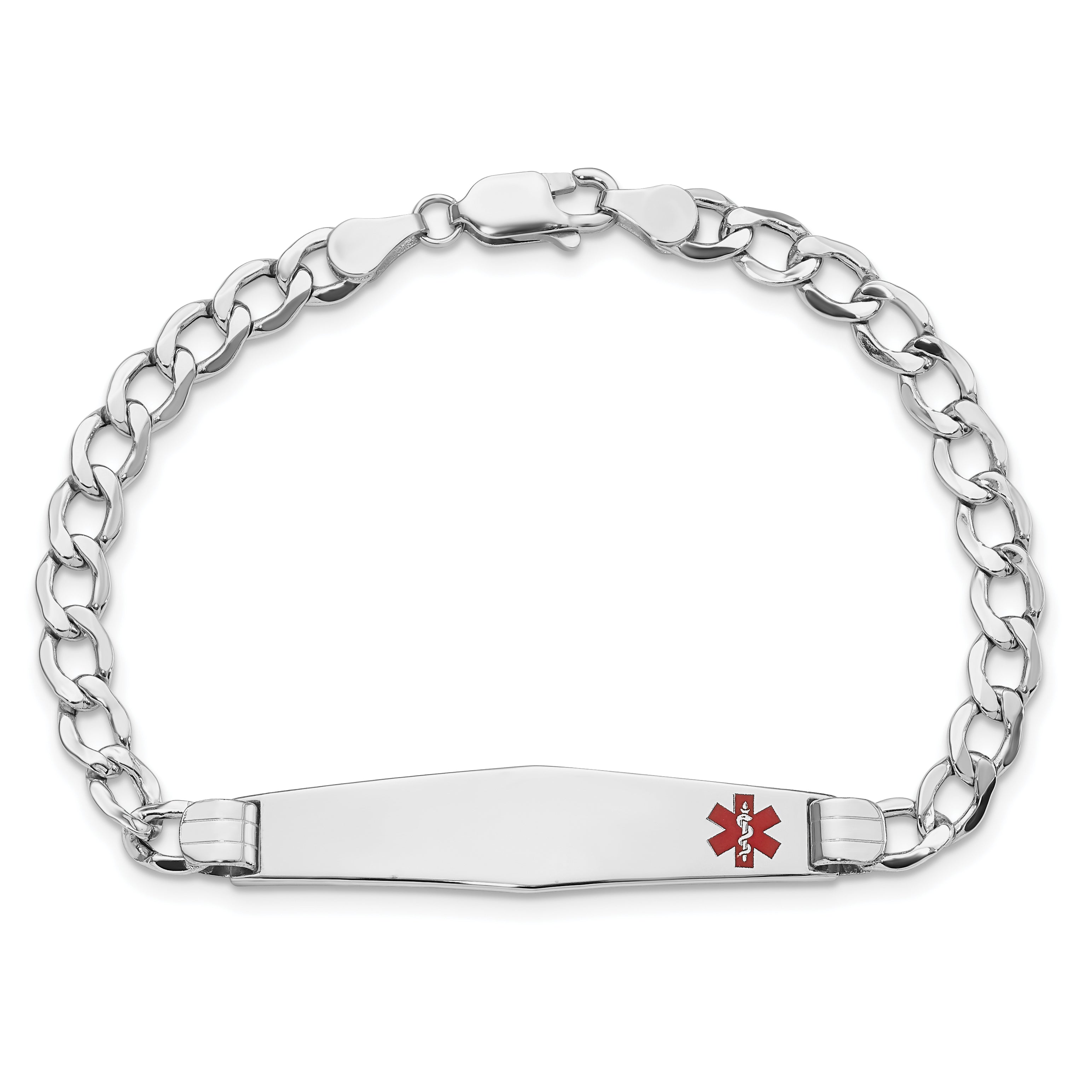 14K White Gold Medical Semi Solid Chain/Solid Plate Soft Diamond Shape 37X9mm Off Center Red Enamel Cuban Link 7 Inch Id Bracelet