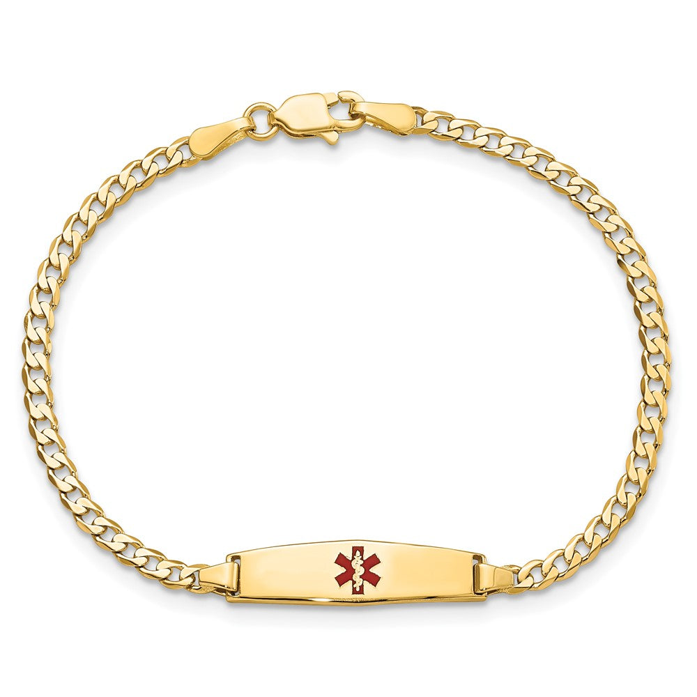 14K Yellow Gold Medical Solid Chain/Solid Plate 20X5mm Soft Diamond Shape Centered Red Enamel Curb Link 8 Inch Id Bracelet