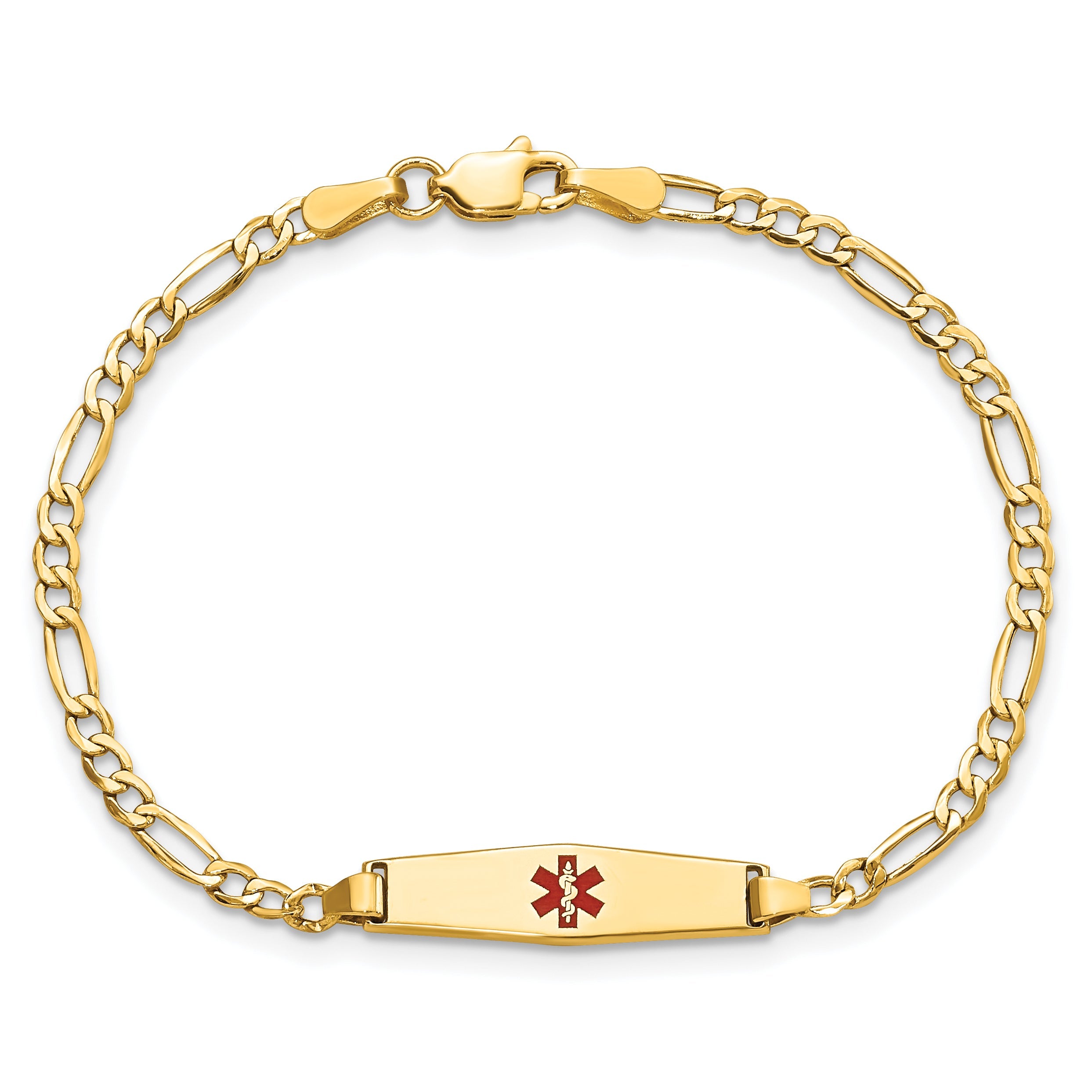 14K Yellow Gold Medical Semi Solid Chain/Solid Plate 20X5mm Soft Diamond Shape Centered Red Enamel Figaro Link 6 Inch Baby/Child Id Bracelet