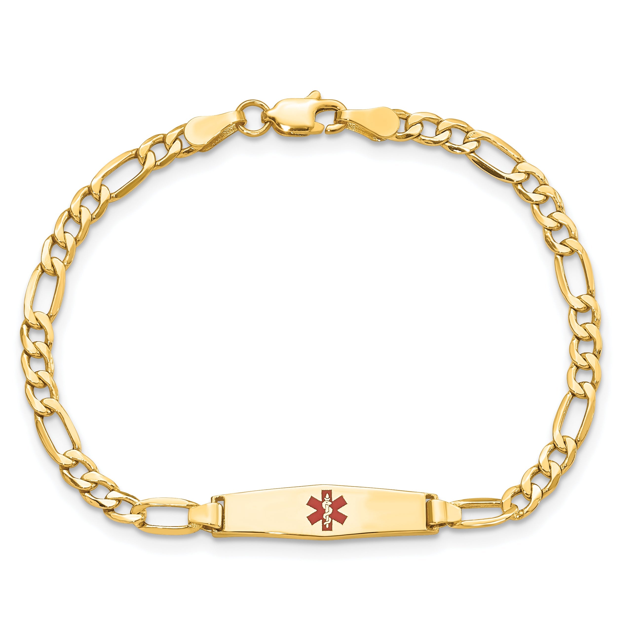 14K Yellow Gold Medical Semi Solid Chain/Solid Plate 20X5mm Soft Diamond Shape Centered Red Enamel Figaro Link 6 Inch Baby/Child Id Bracelet