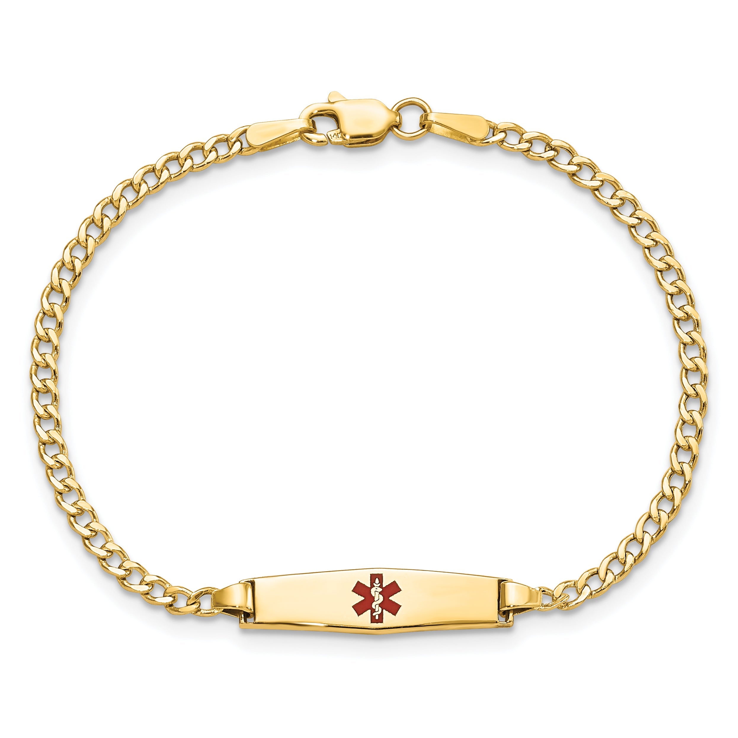 14K Yellow Gold Medical Semi Solid Chain/Solid Plate 20X5mm Soft Diamond Shape Centered Red Enamel Cuban Link 6 Inch Baby/Child Id Bracelet