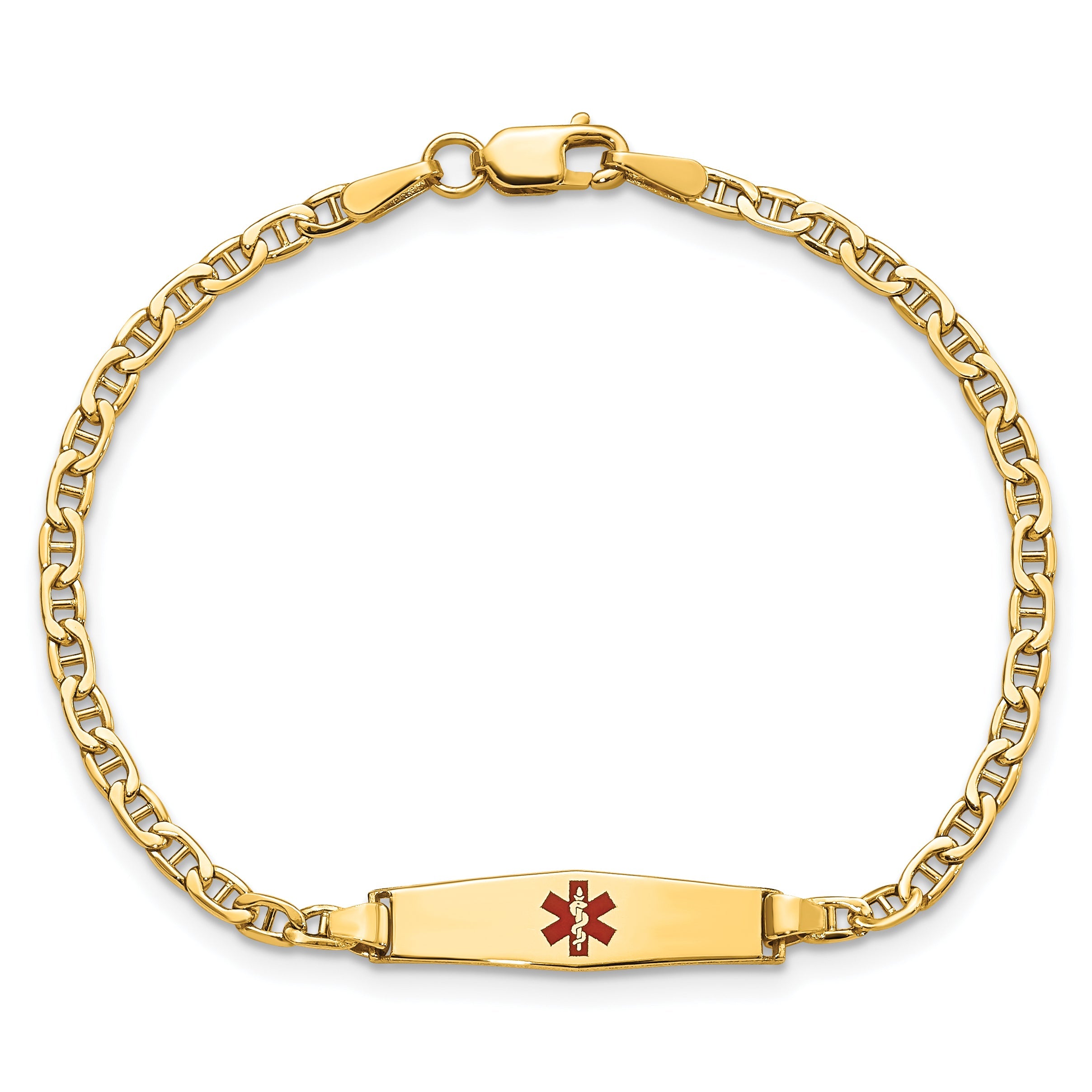 14K Yellow Gold Medical Semi Solid Chain/Solid Plate 20X5mm Soft Diamond Shape Centered Red Enamel Anchor Link 7 Inch Id Bracelet