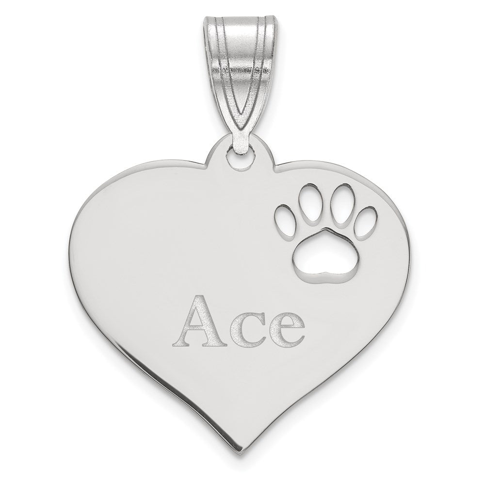 14K White Gold Heart With Name And Paw Print Cut Out Pendant