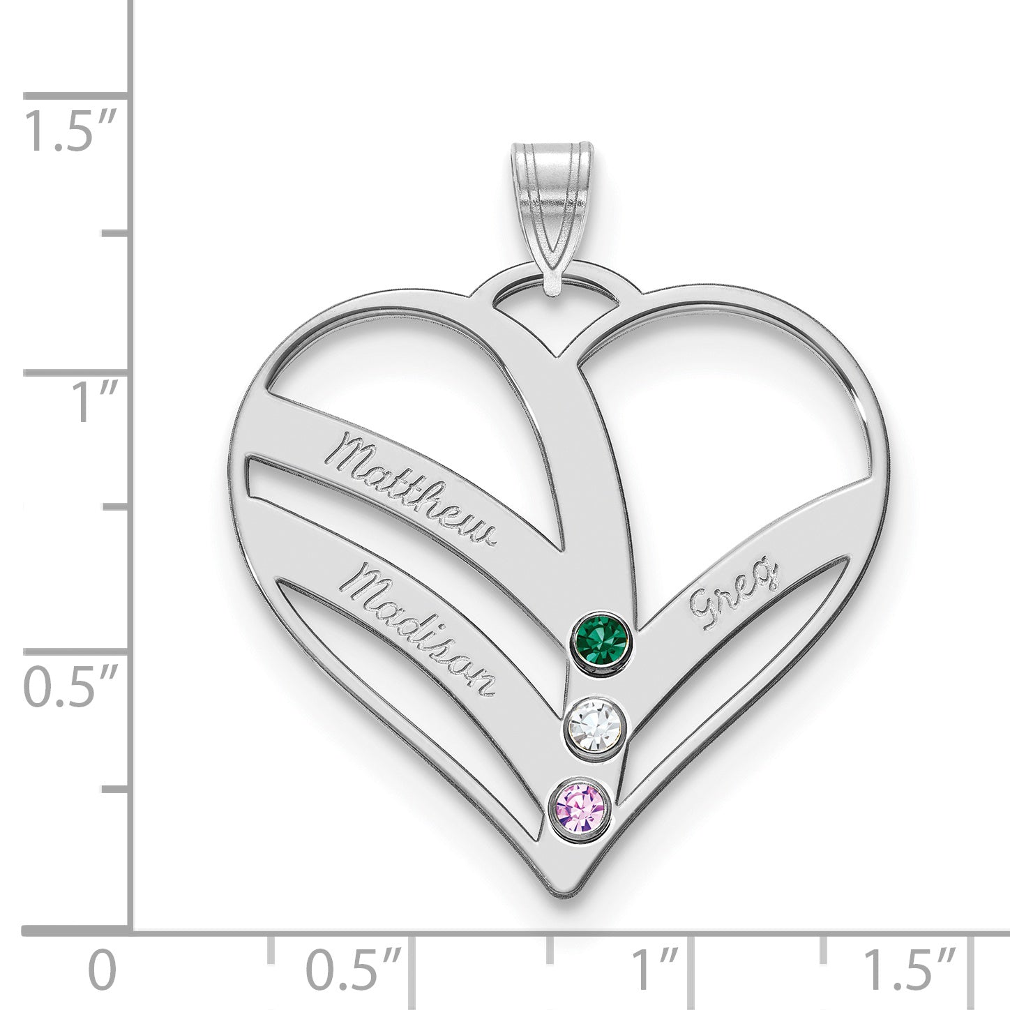 14K White Gold 14Kw 3 Name Birthstones 18K Rhod Plated Bezel Cut Out Heart Pendant