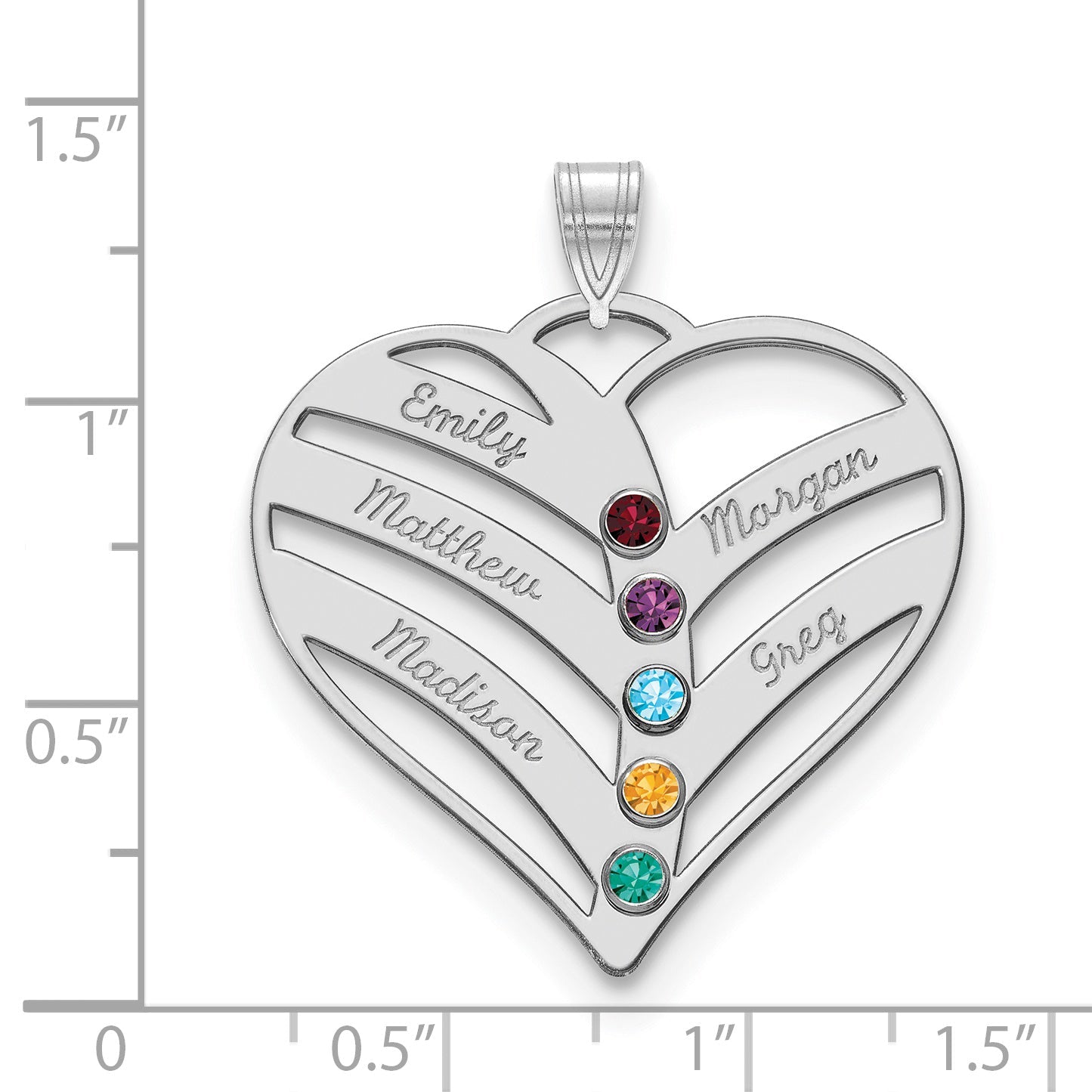 14K White Gold 14Kw 5 Name Birthstones 18K Rhod Plated Bezel Cut Out Heart Pendant