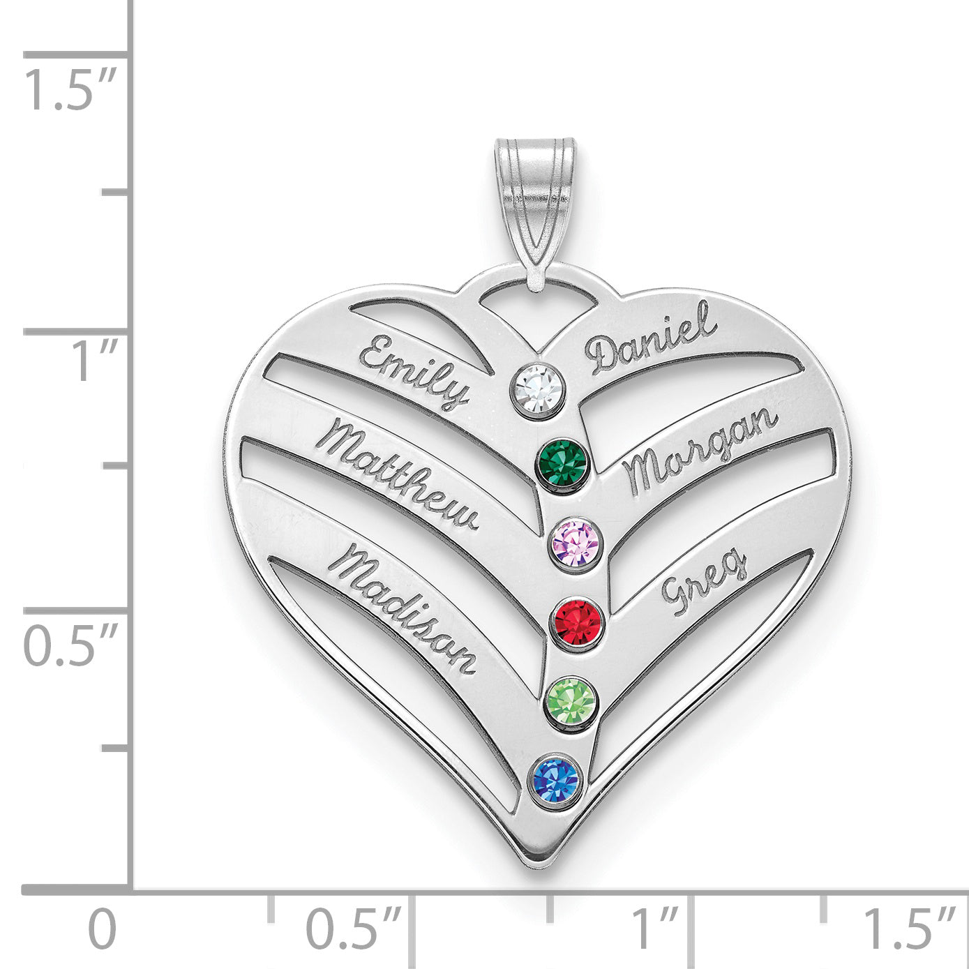 14K White Gold 14Kw 6 Name Birthstones 18K Rhod Plated Bezel Cut Out Heart Pendant