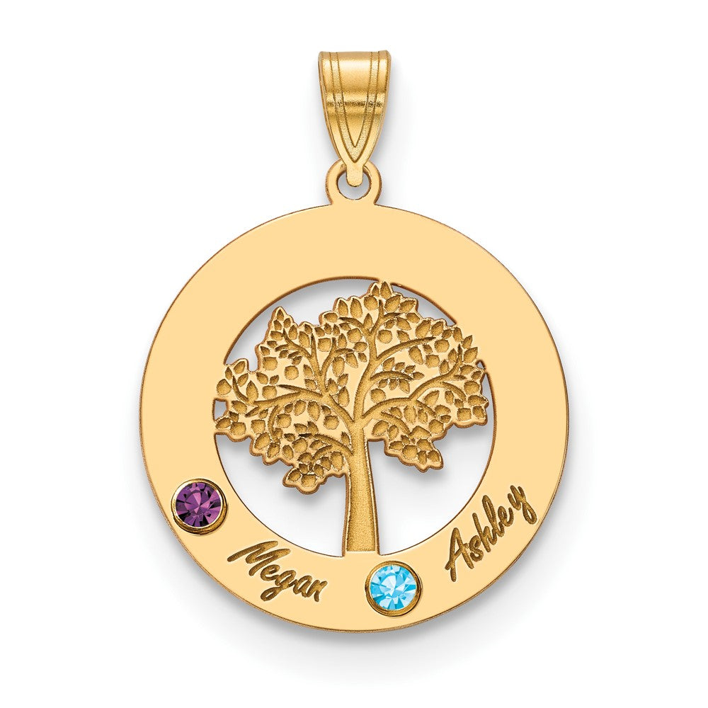 14K Yellow Gold 14Ky Family Tree In Circle 2 Names And Birthstones W/ Bezel Pendant