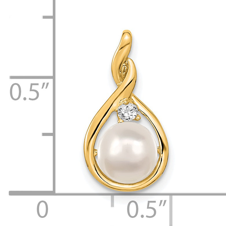14K Yellow Gold 7mm White Round Freshwater Cultured Pearl Vs Diamond Pendant