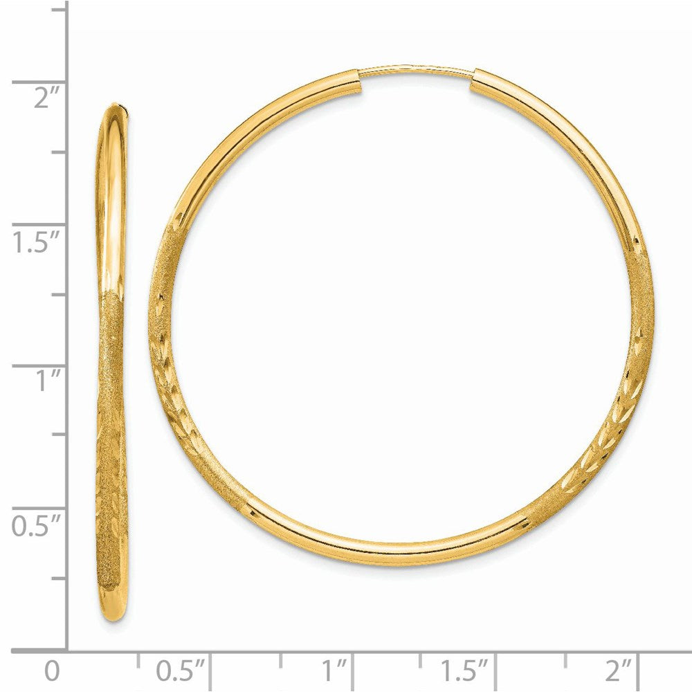 14K Yellow Gold 2mm Satin Diamond Cut Endless Hoop Earrings