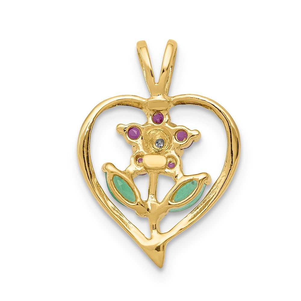 14k yellow gold siam ruby emerald real diamond flower in heart pendant pm5274 ru 001 ya