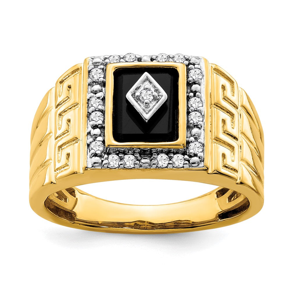 14K Yellow Gold Onyx and Real Diamond Greek Key Design Mens Ring