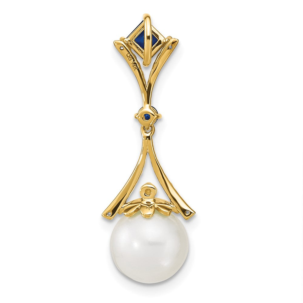 14k Diamond 8 9mm Round FW Cultured Pearl Created Sapphire Pendant